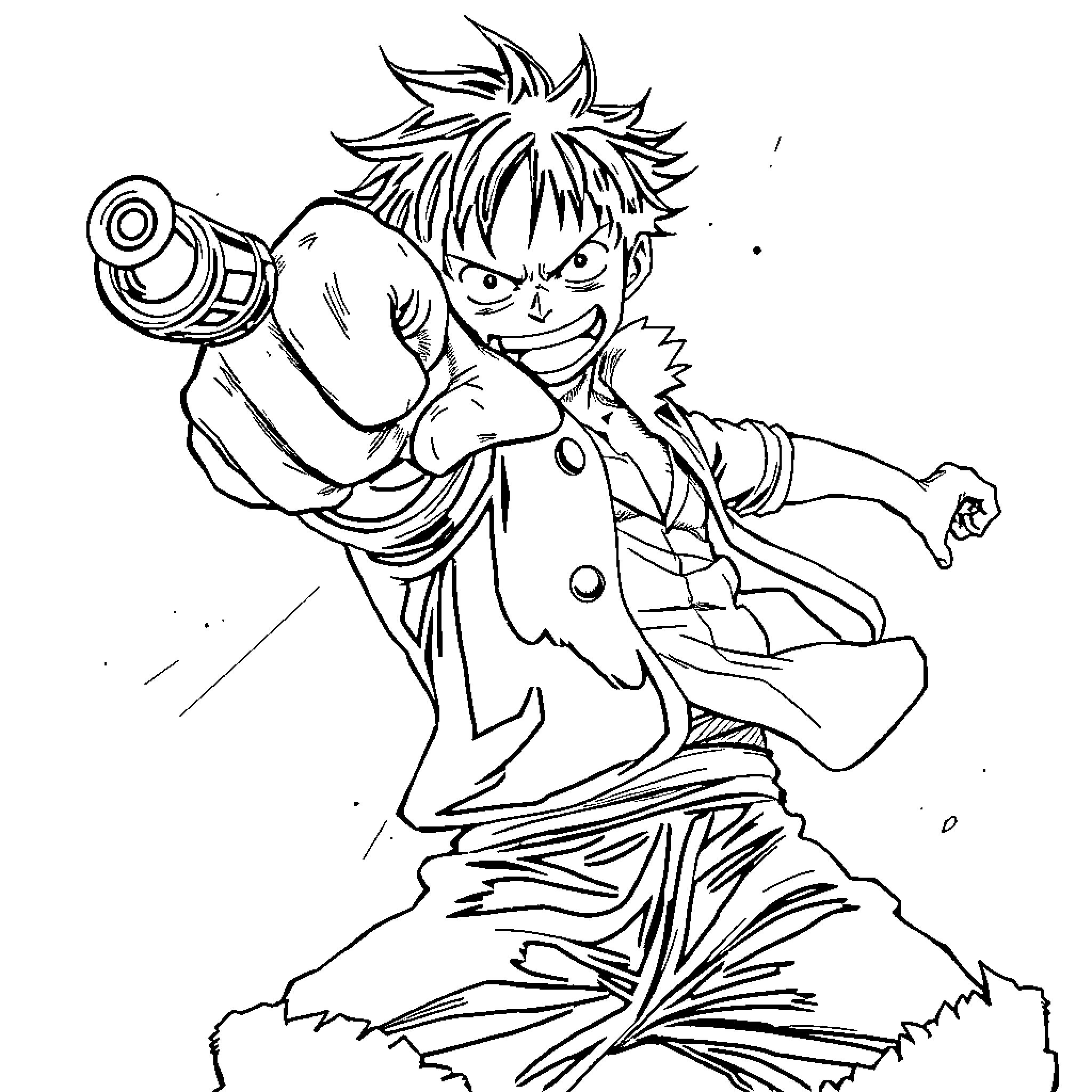 Monkey D Luffy Charging into Action Coloring Page (free black-and-white line drawing printable PDF for all, from beginners to advanced learners, including children, teens, adults, and seniors)