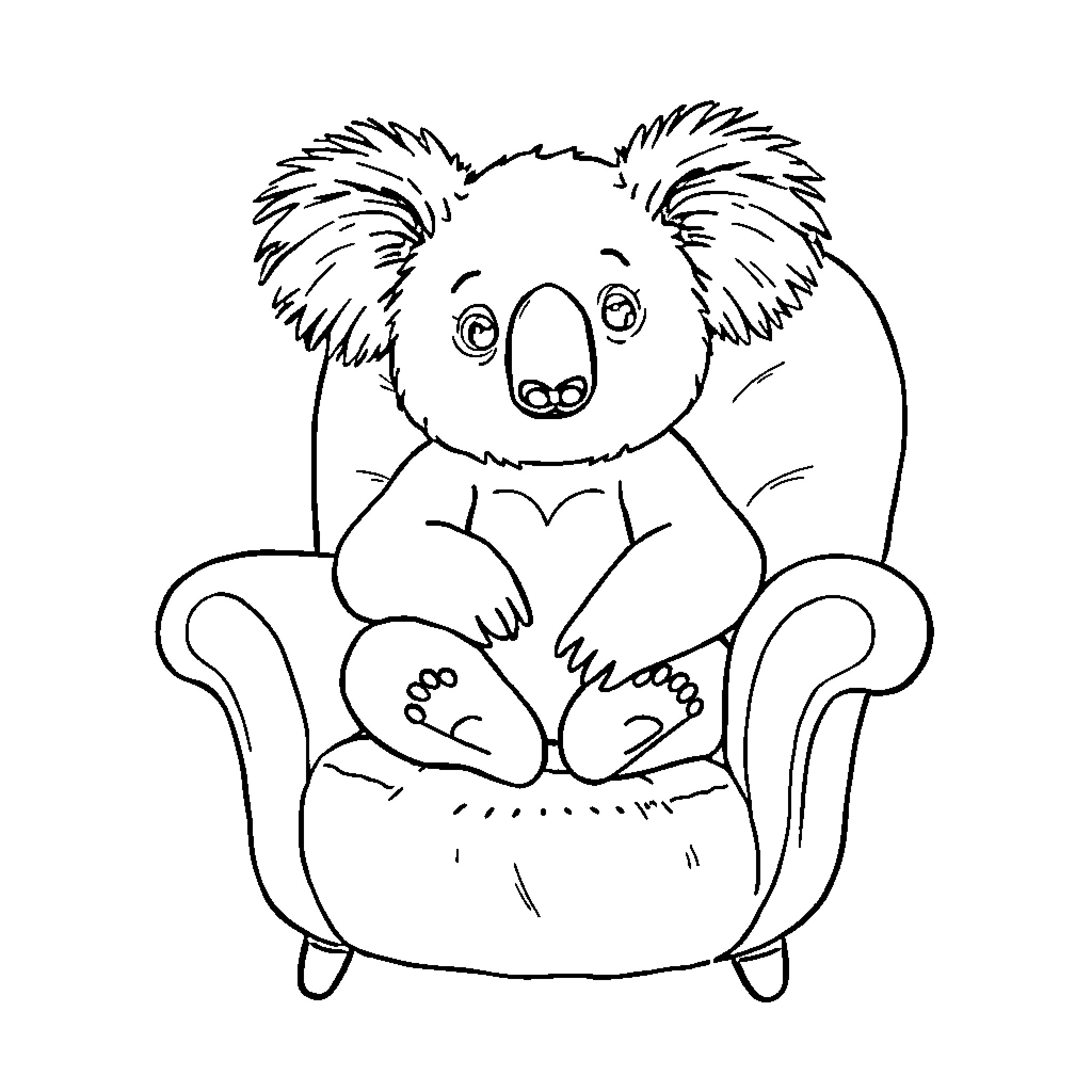 Koala relaxing comfortably in armchair Coloring Page (free black-and-white line drawing printable PDF for all, from beginners to advanced learners, including children, teens, adults, and seniors)