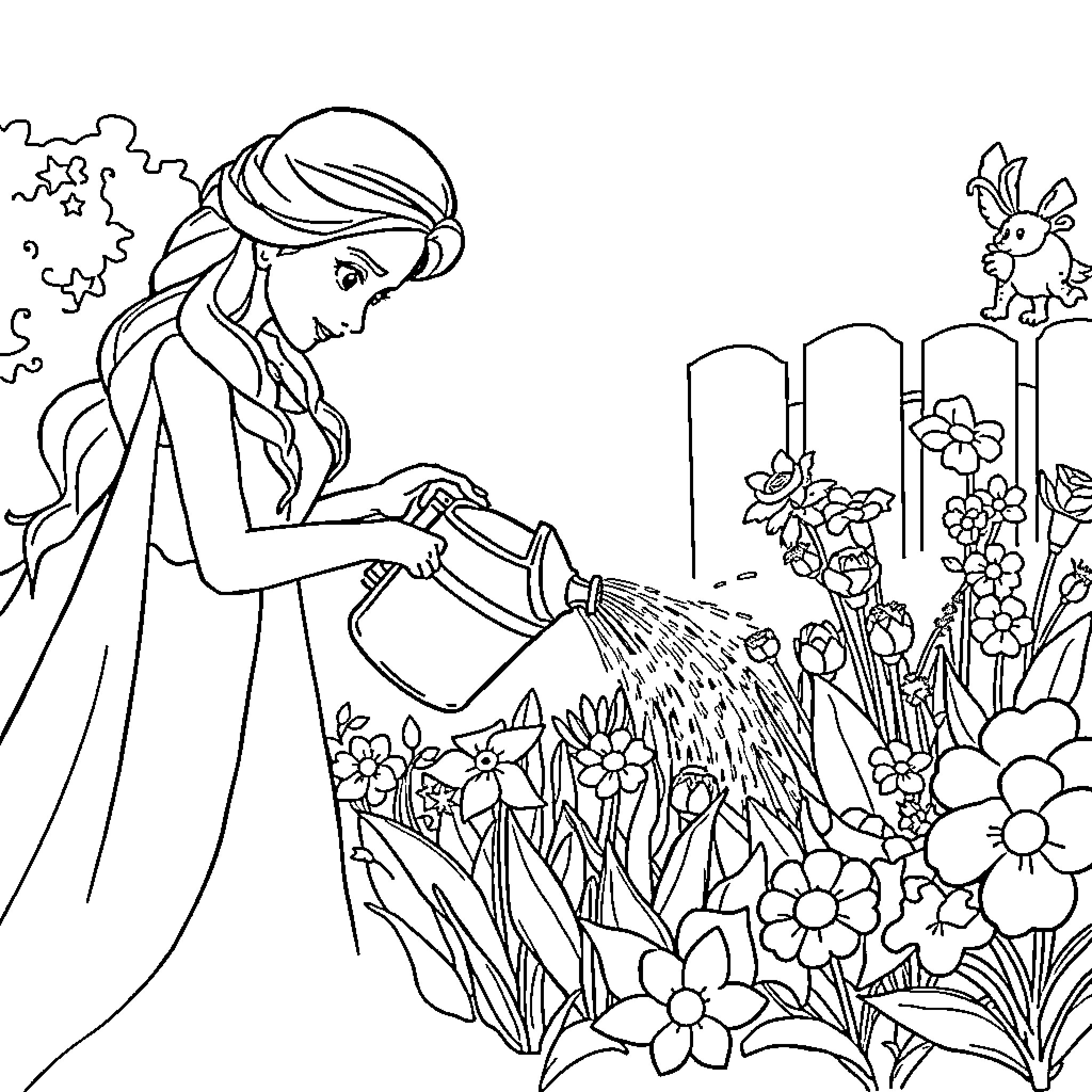 Elsa watering a beautiful garden with flowers Coloring Page (free black-and-white line drawing printable PDF for all, from beginners to advanced learners, including children, teens, adults, and seniors)