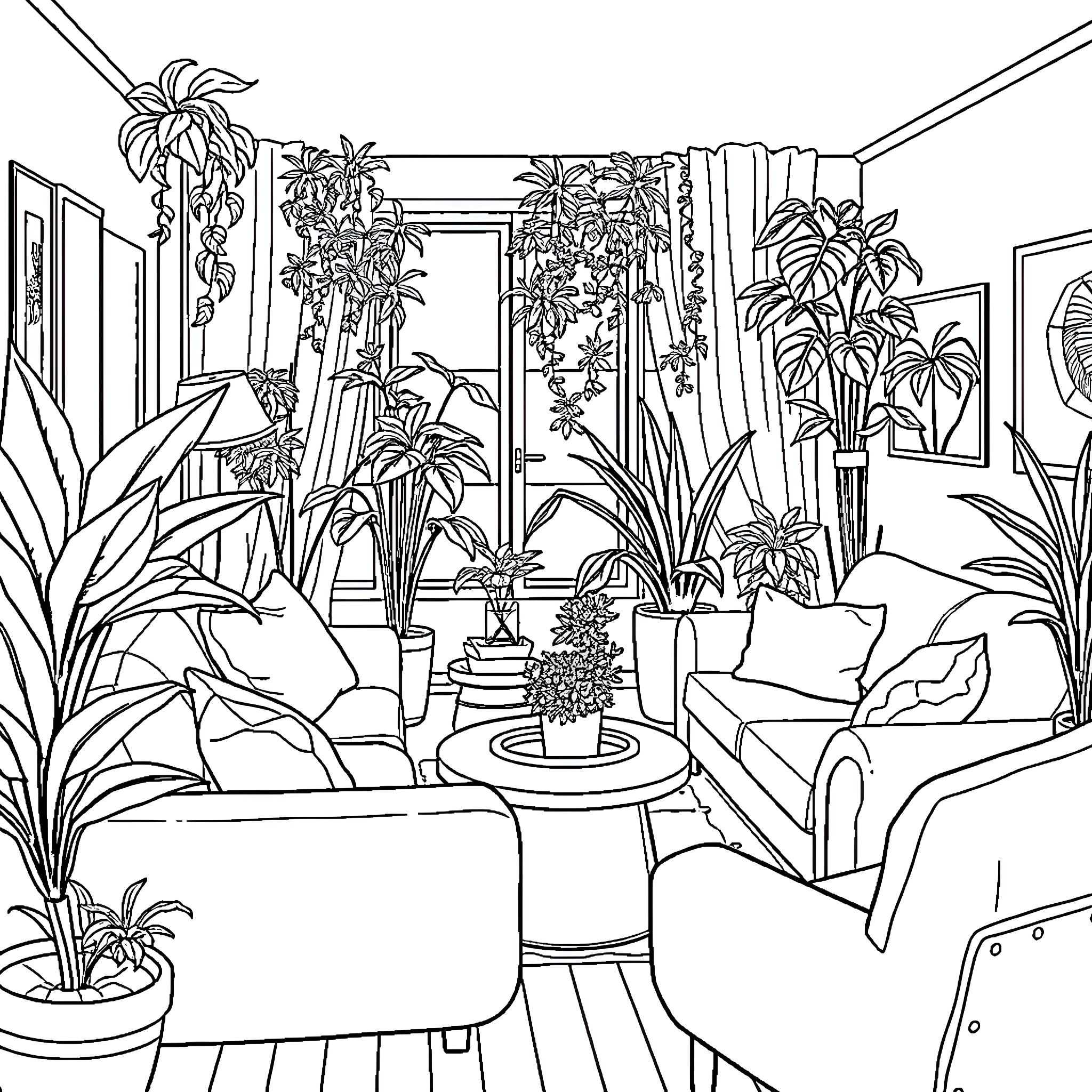 Plant filled indoor oasis in cozy room Coloring Page (free black-and-white line drawing printable PDF for all, from beginners to advanced learners, including children, teens, adults, and seniors)