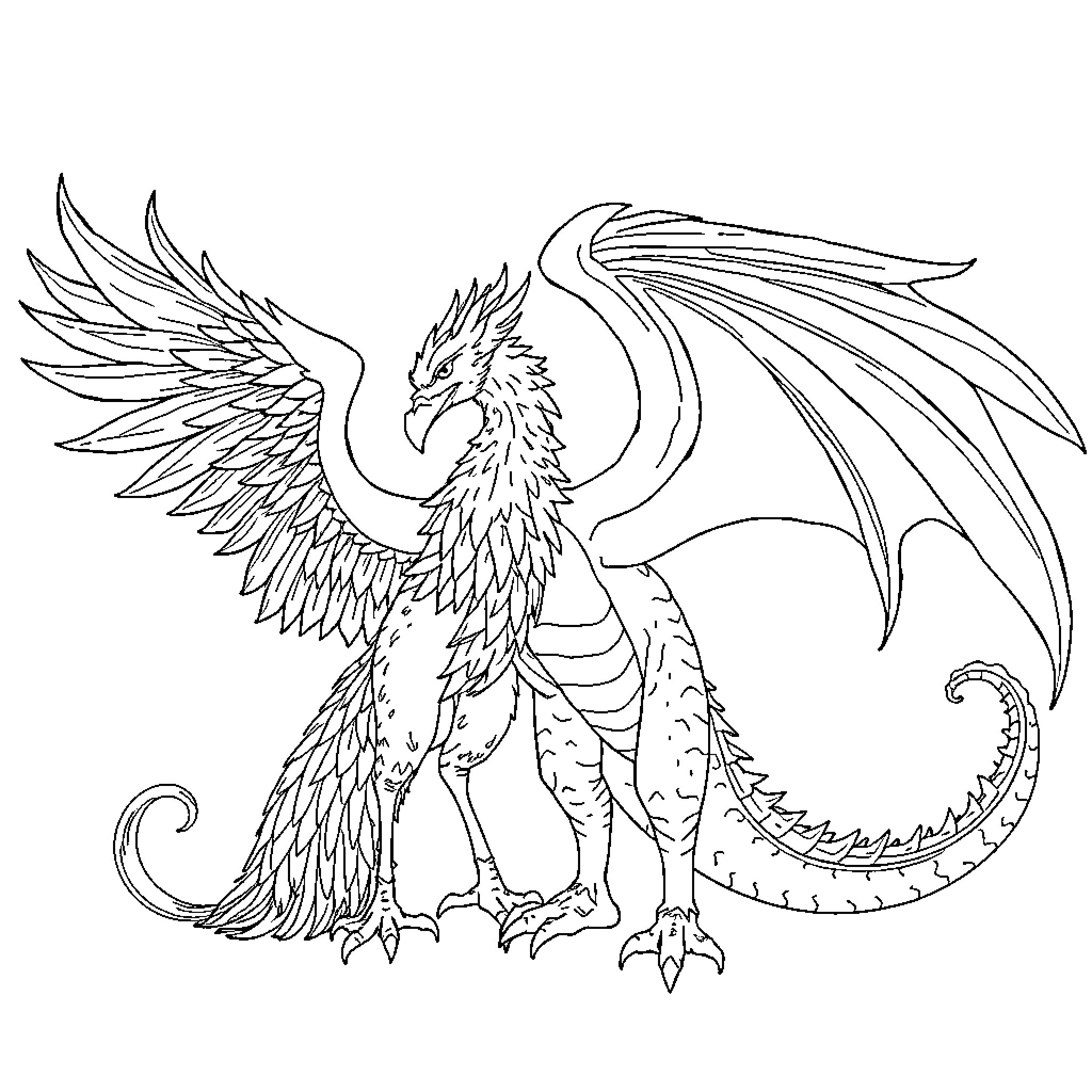 Phoenix rising with majestic wings Coloring Page (free black-and-white line drawing printable PDF for all, from beginners to advanced learners, including children, teens, adults, and seniors)