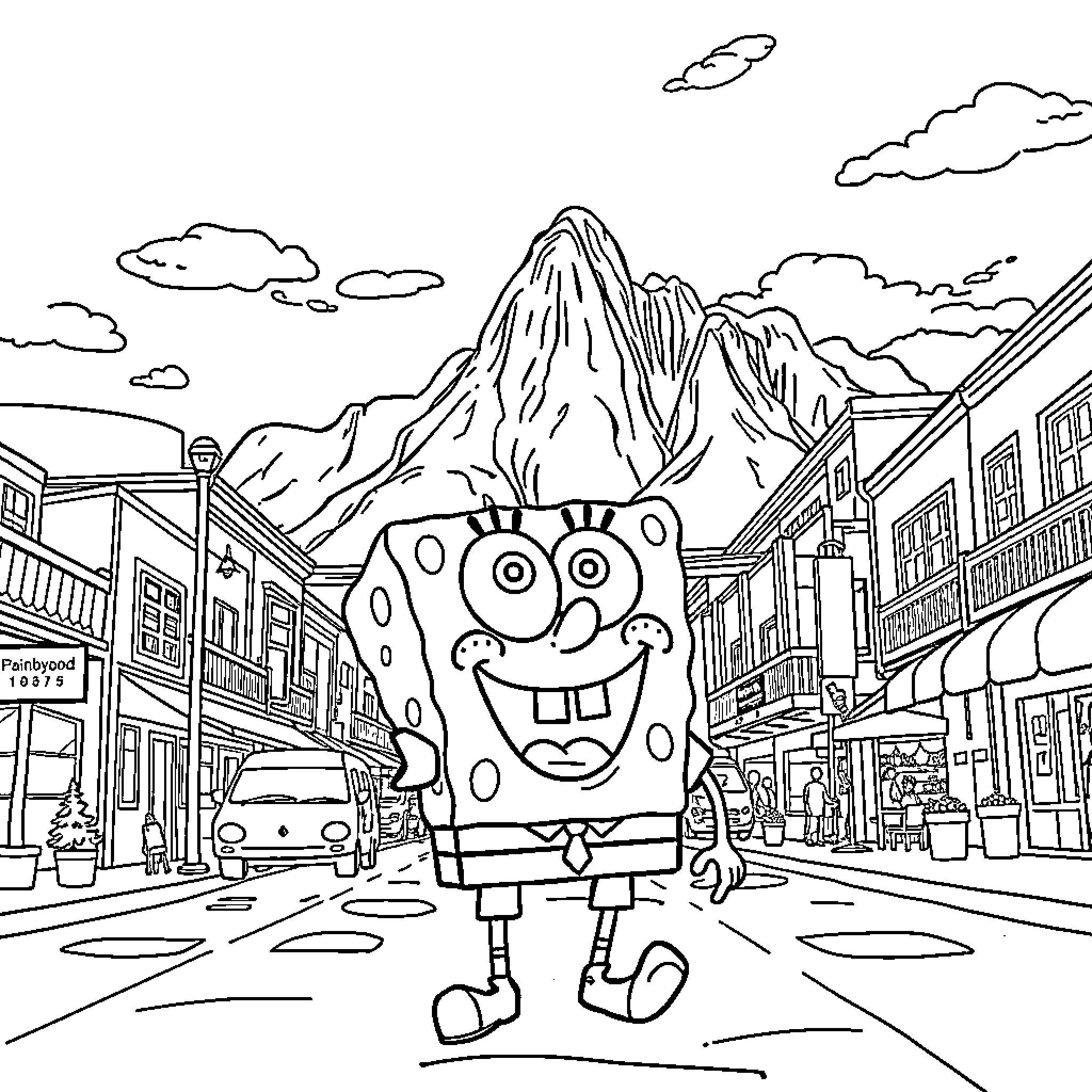 Spongebob in a whimsical town scene Coloring Page (free black-and-white line drawing printable PDF for all, from beginners to advanced learners, including children, teens, adults, and seniors)