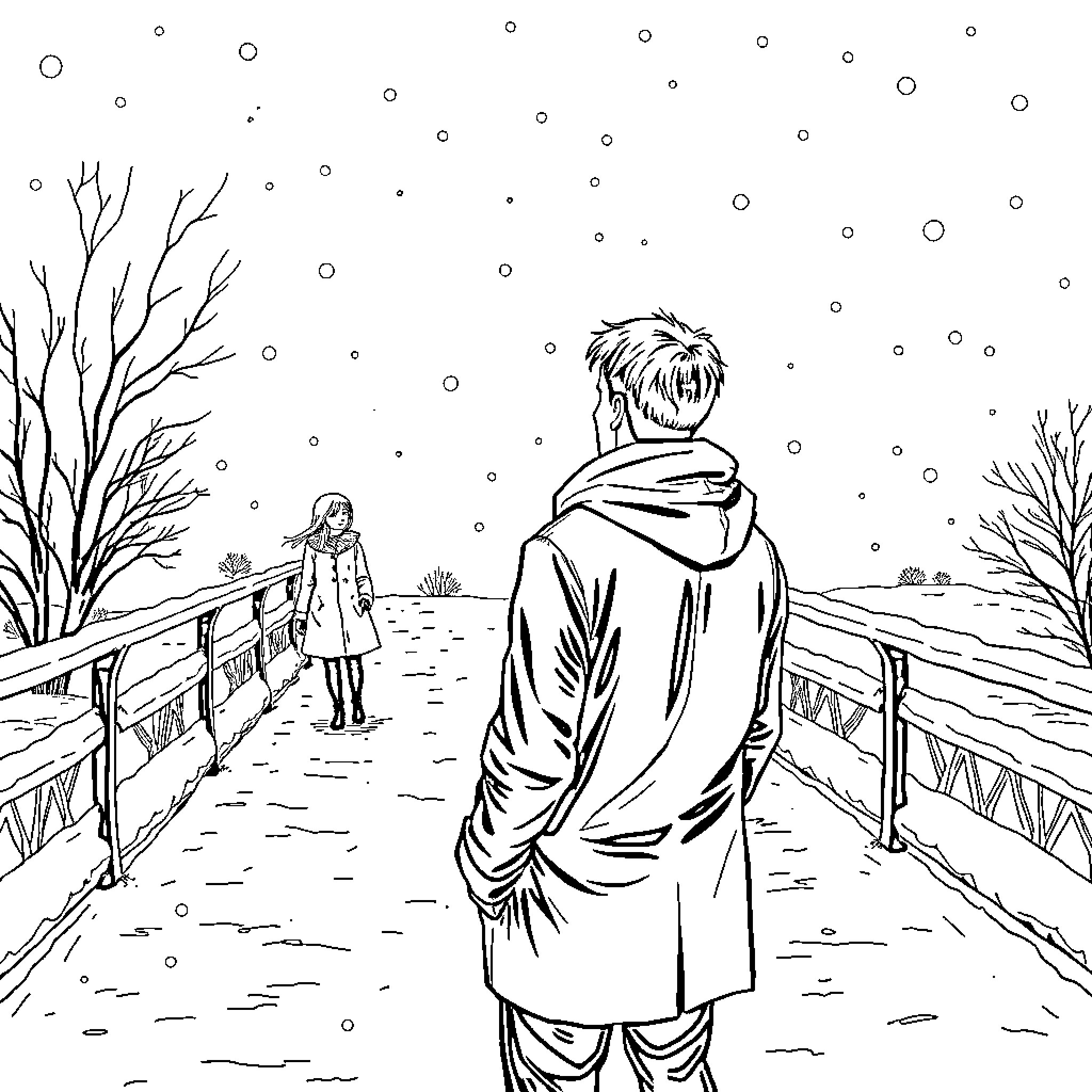 Man observing winter landscape on a snowy path Coloring Page (free black-and-white line drawing printable PDF for all, from beginners to advanced learners, including children, teens, adults, and seniors)
