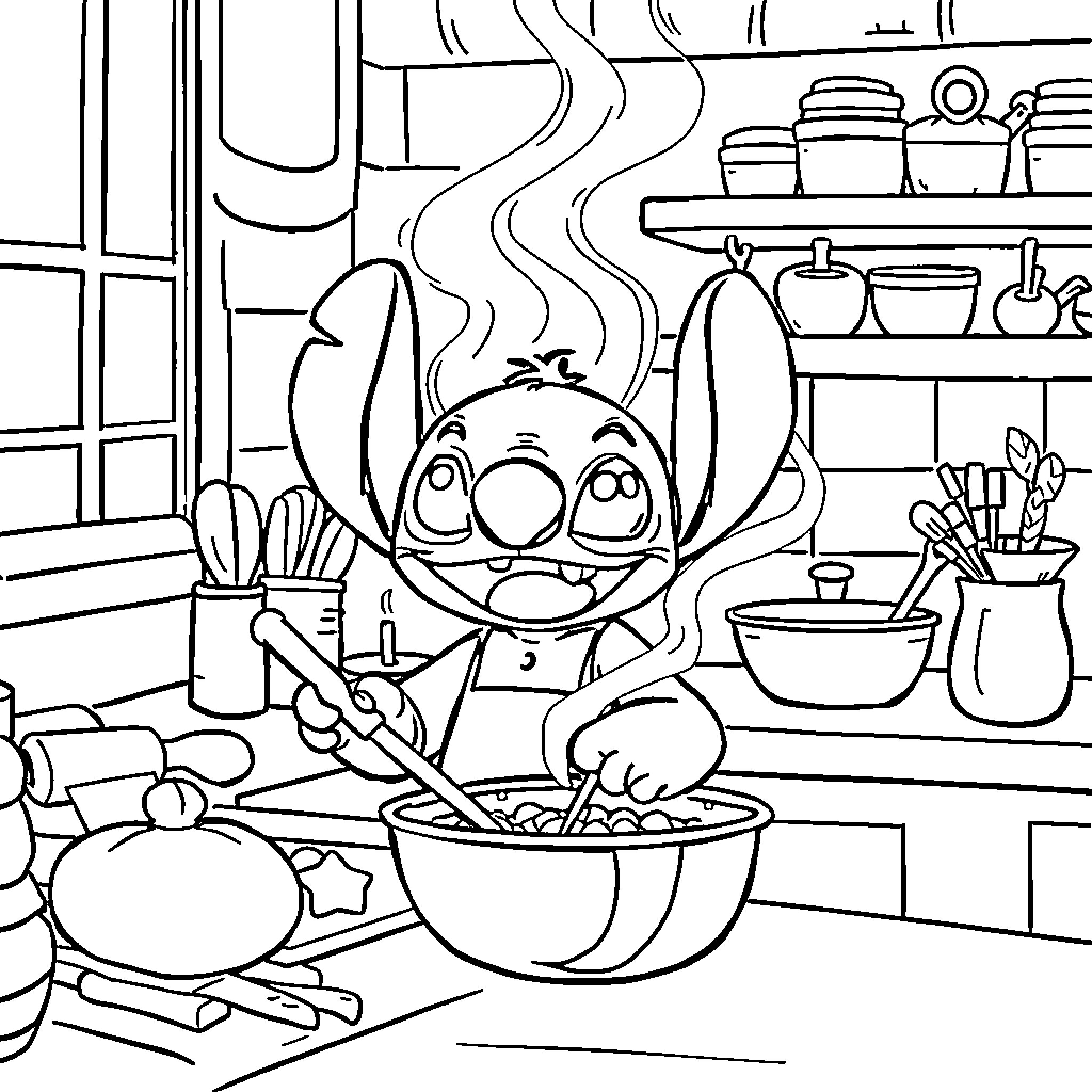 Stitch Cooking Happily in the Kitchen Coloring Page (free black-and-white line drawing printable PDF for all, from beginners to advanced learners, including children, teens, adults, and seniors)