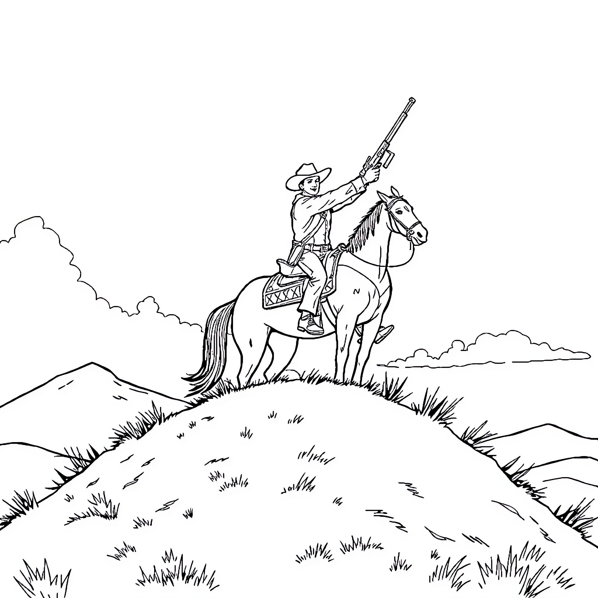 Cowboy riding a horse with a rifle in the countryside Coloring Page (free black-and-white line drawing printable PDF for all, from beginners to advanced learners, including children, teens, adults, and seniors)