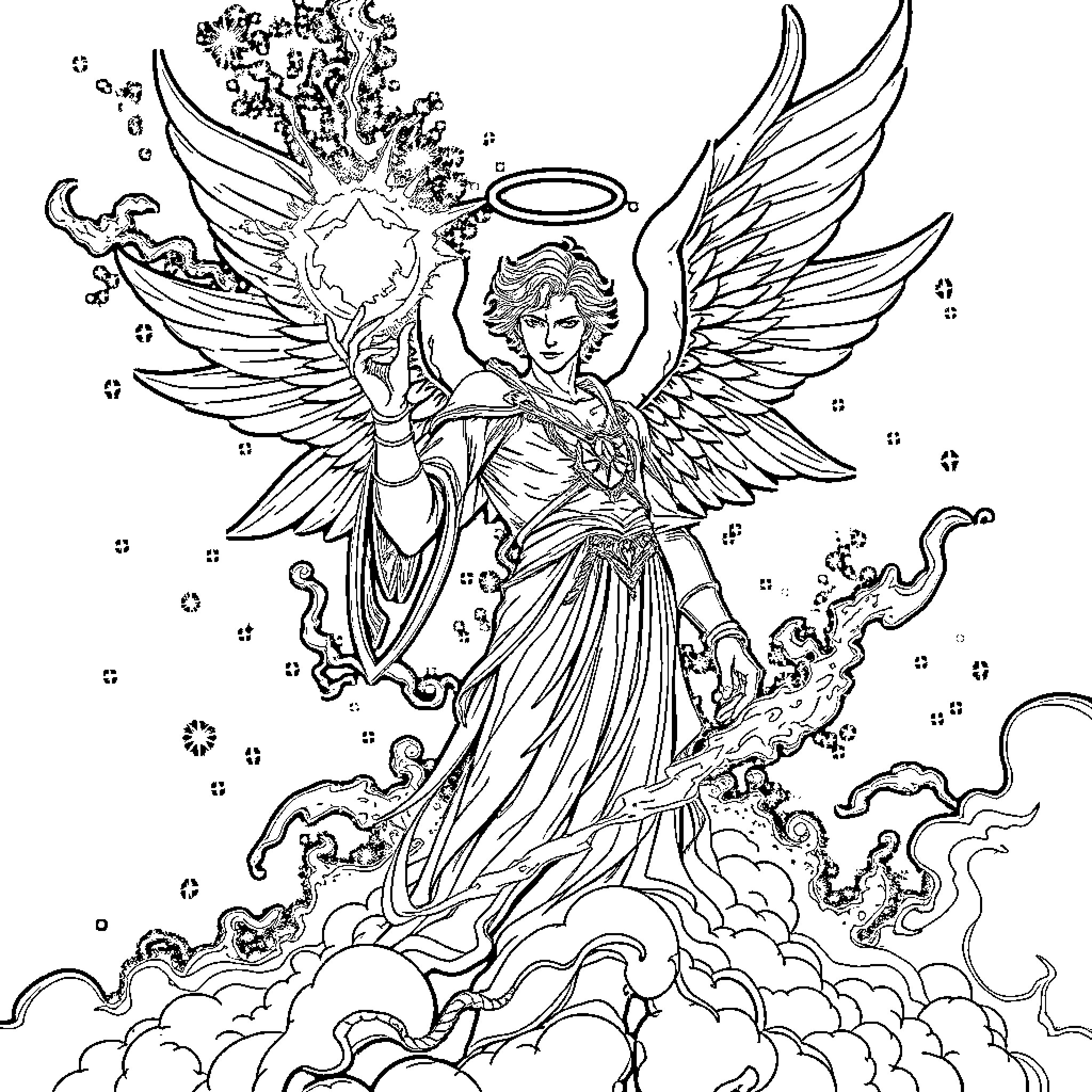 Alastor, the Winged Guardian Amid Celestial Splendor Coloring Page (free black-and-white line drawing printable PDF for all, from beginners to advanced learners, including children, teens, adults, and seniors)