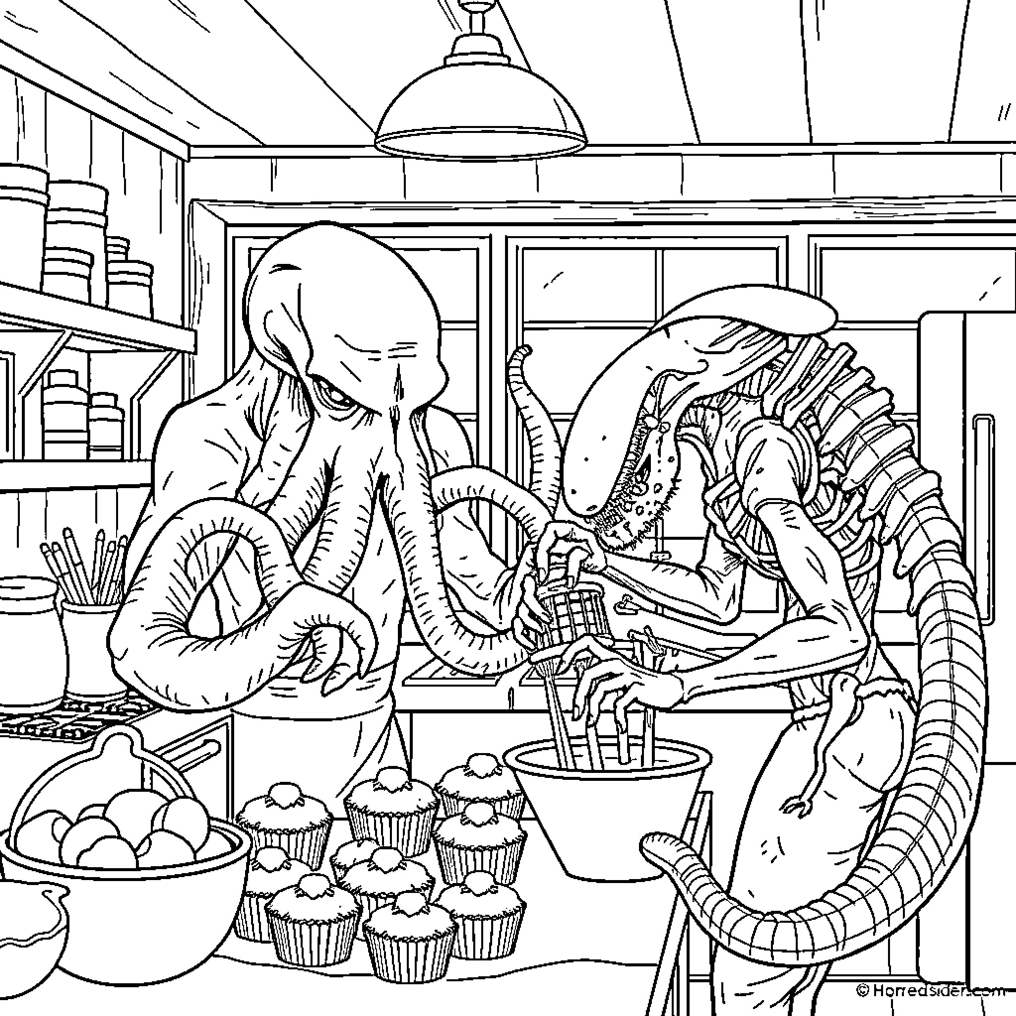 Cthulhu's Confectionary Creations Coloring Page (free black-and-white line drawing printable PDF for all, from beginners to advanced learners, including children, teens, adults, and seniors)