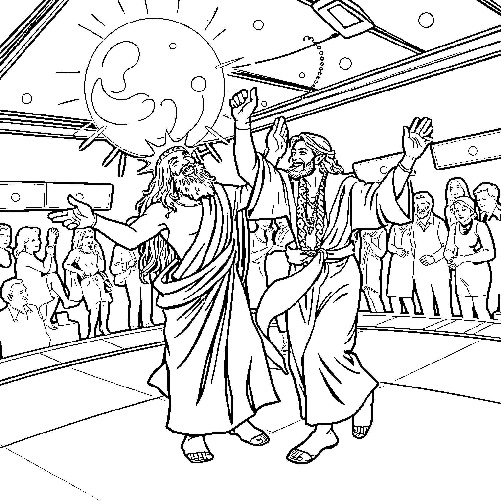 God's Joyous Celebration with Worshippers Coloring Page (free black-and-white line drawing printable PDF for all, from beginners to advanced learners, including children, teens, adults, and seniors)