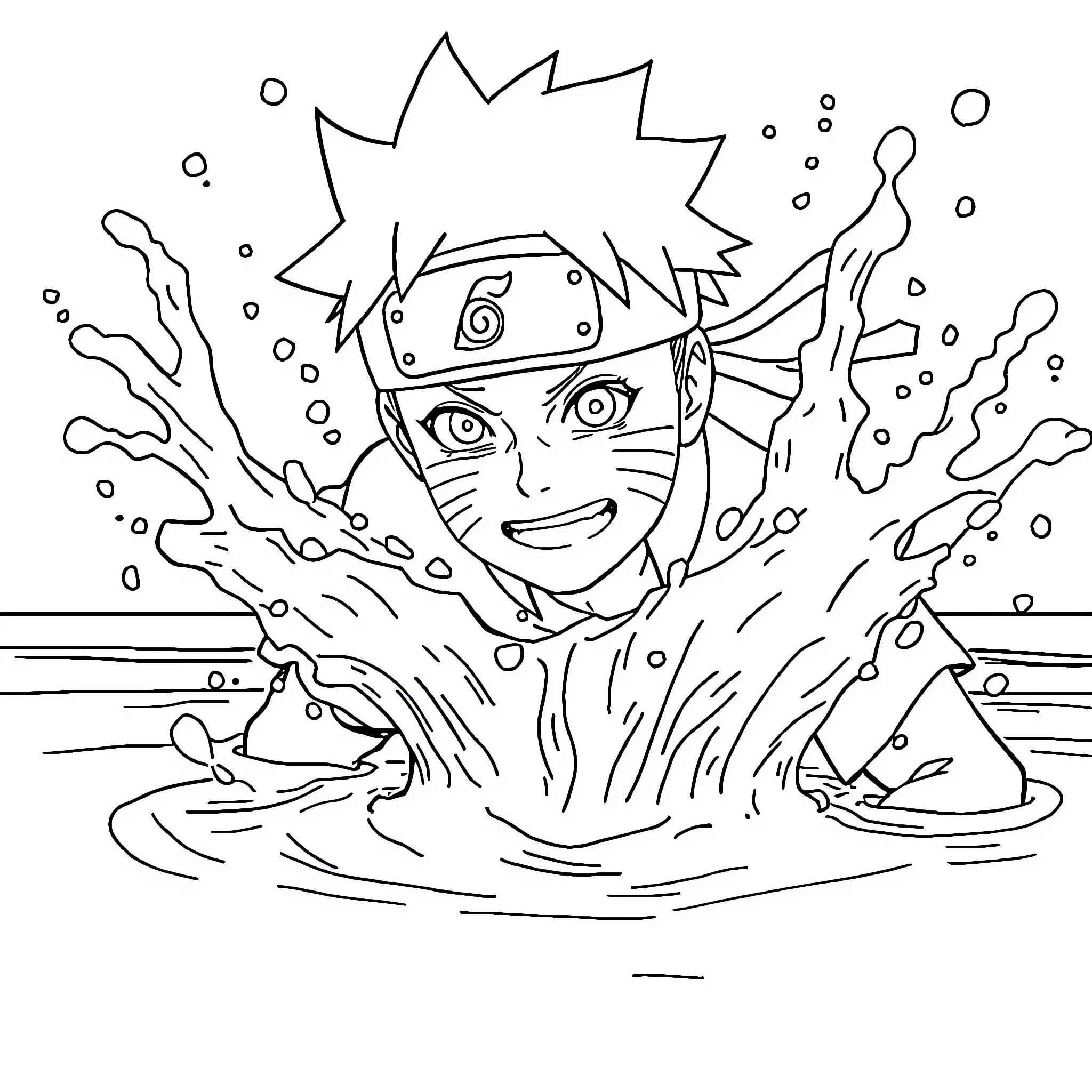 Naruto's Energetic Water Splash Coloring Page (free black-and-white line drawing printable PDF for all, from beginners to advanced learners, including children, teens, adults, and seniors)
