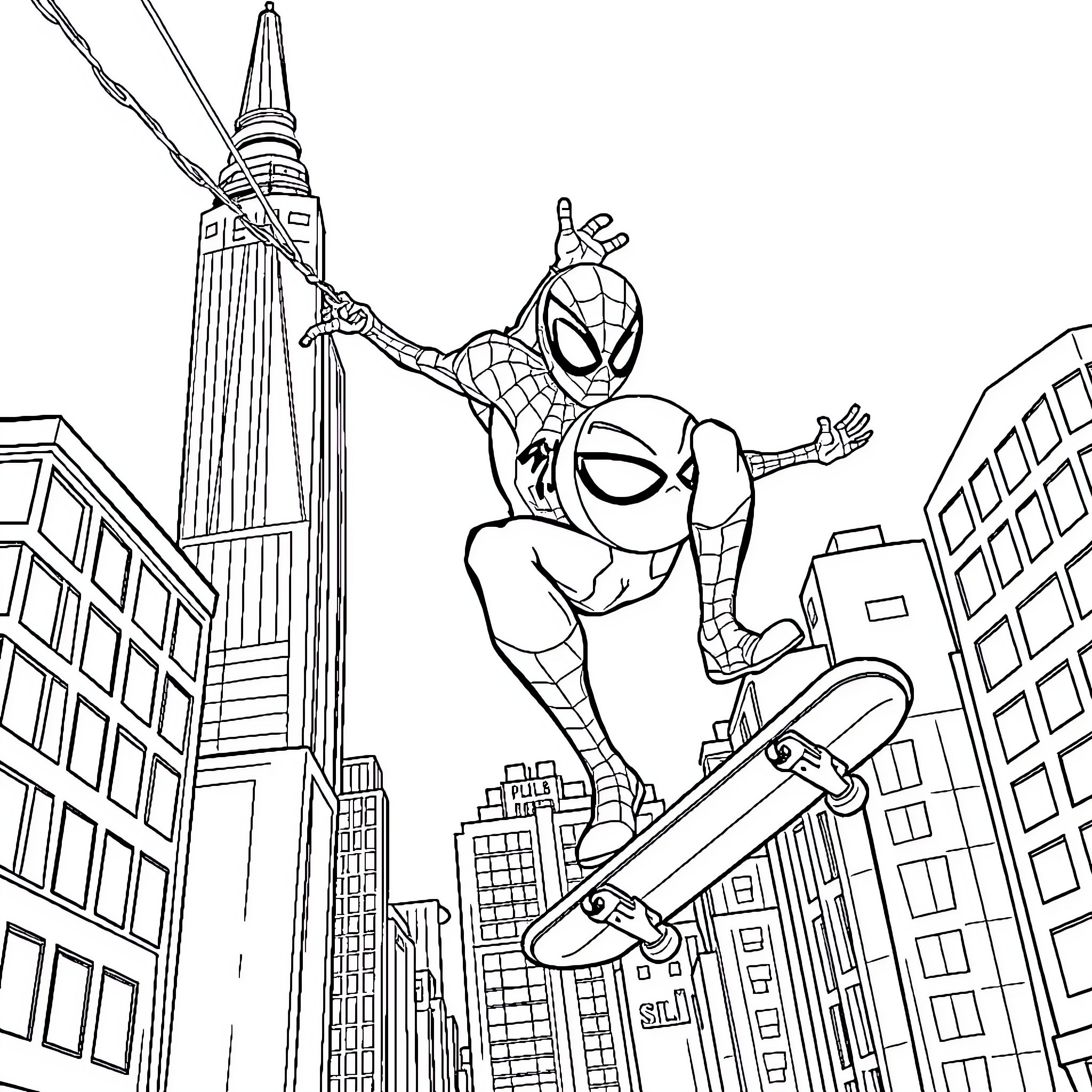 Spider-Man swinging through city skyscrapers Coloring Page (free black-and-white line drawing printable PDF for all, from beginners to advanced learners, including children, teens, adults, and seniors)