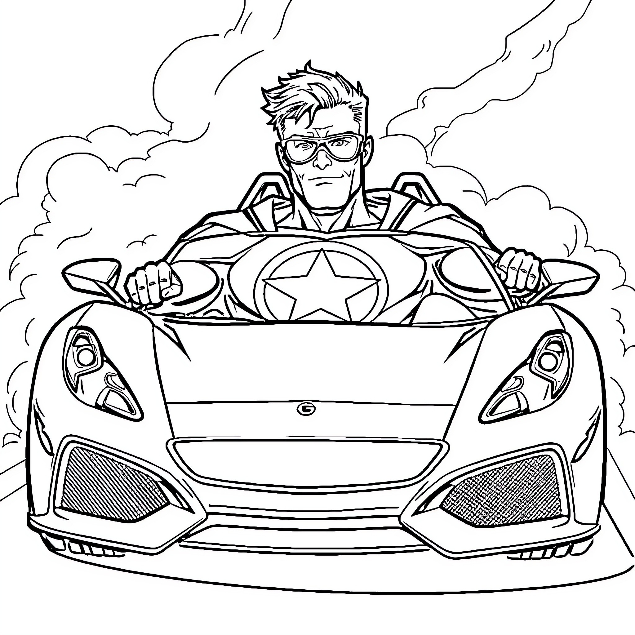 Superhero in a futuristic sports car Coloring Page (free black-and-white line drawing printable PDF for all, from beginners to advanced learners, including children, teens, adults, and seniors)