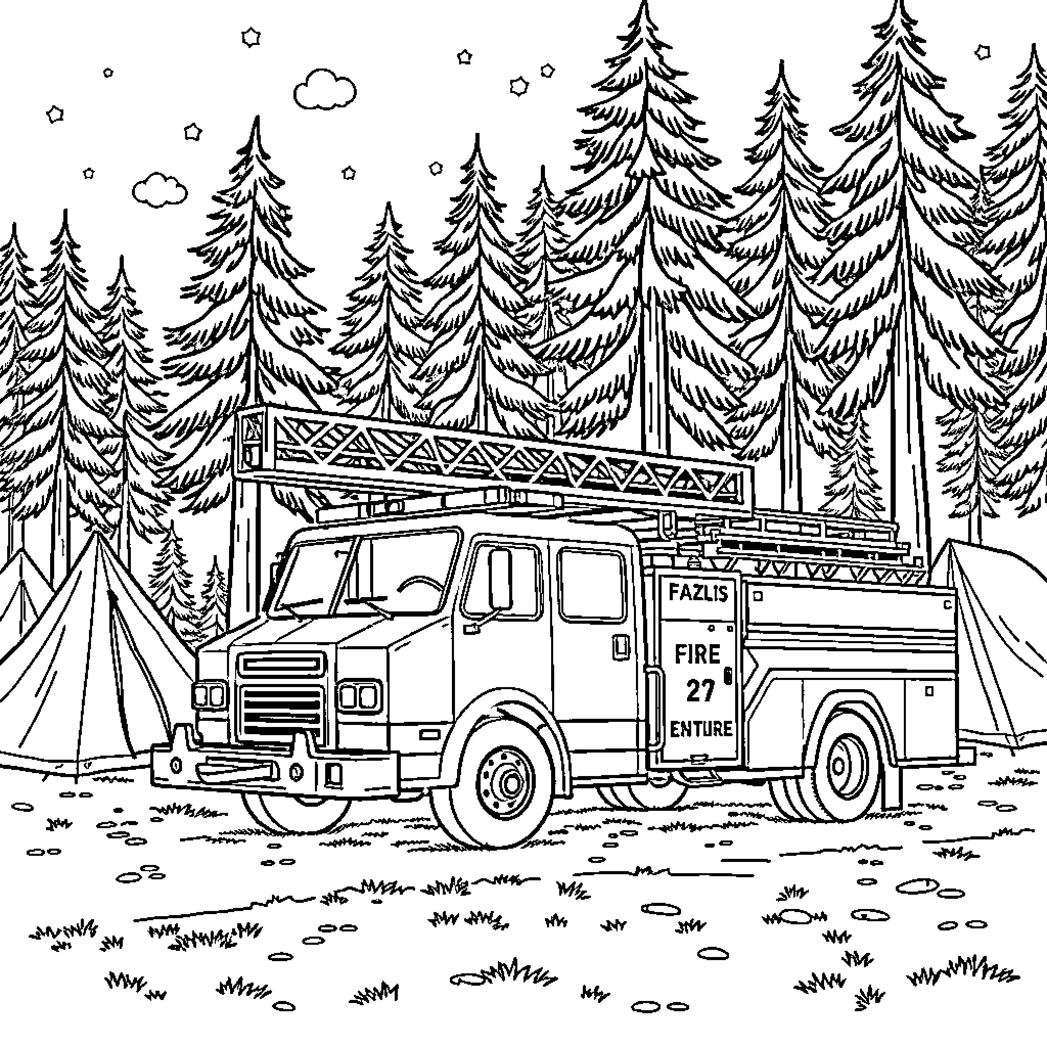 Fire Engine Responding to Call in Snowy Forest Coloring Page (free black-and-white line drawing printable PDF for all, from beginners to advanced learners, including children, teens, adults, and seniors)