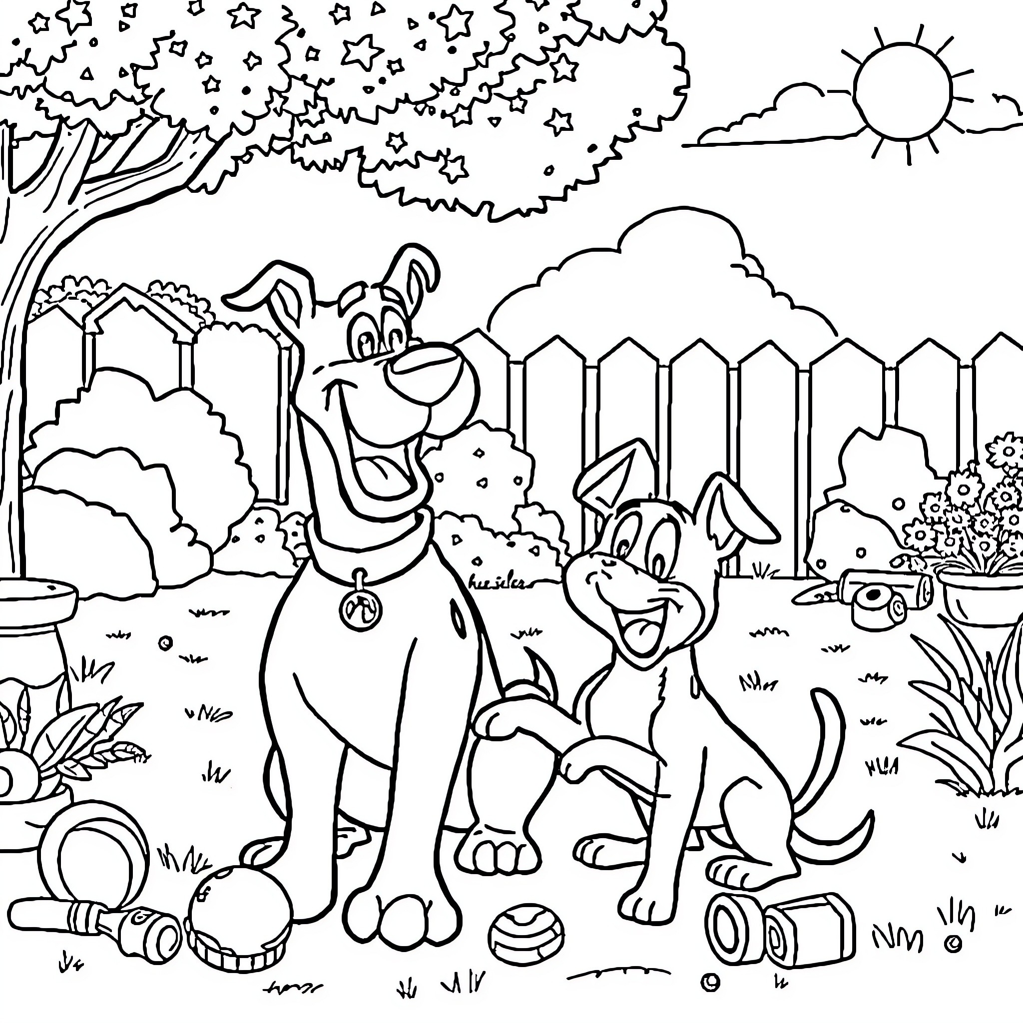 Scooby Doo and Friends Enjoying Outdoor Adventure Coloring Page (free black-and-white line drawing printable PDF for all, from beginners to advanced learners, including children, teens, adults, and seniors)