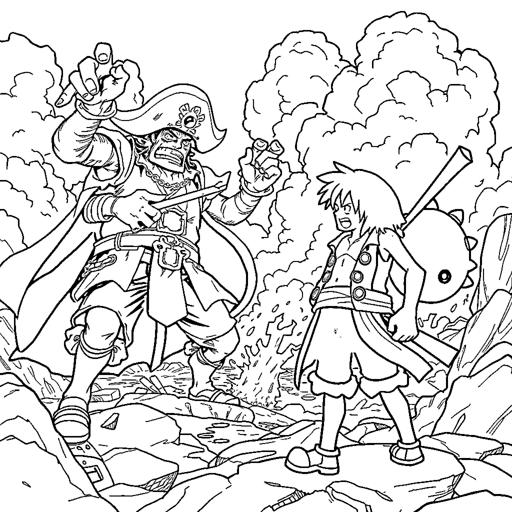One Piece: Pirate Crew Battling Powerful Foe Coloring Page (free black-and-white line drawing printable PDF for all, from beginners to advanced learners, including children, teens, adults, and seniors)