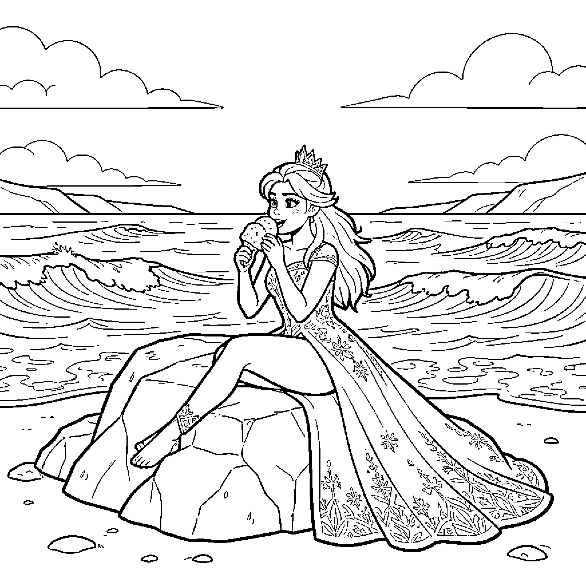 Queen sitting on a rock eating ice cream Coloring Page (free black-and-white line drawing printable PDF for all, from beginners to advanced learners, including children, teens, adults, and seniors)
