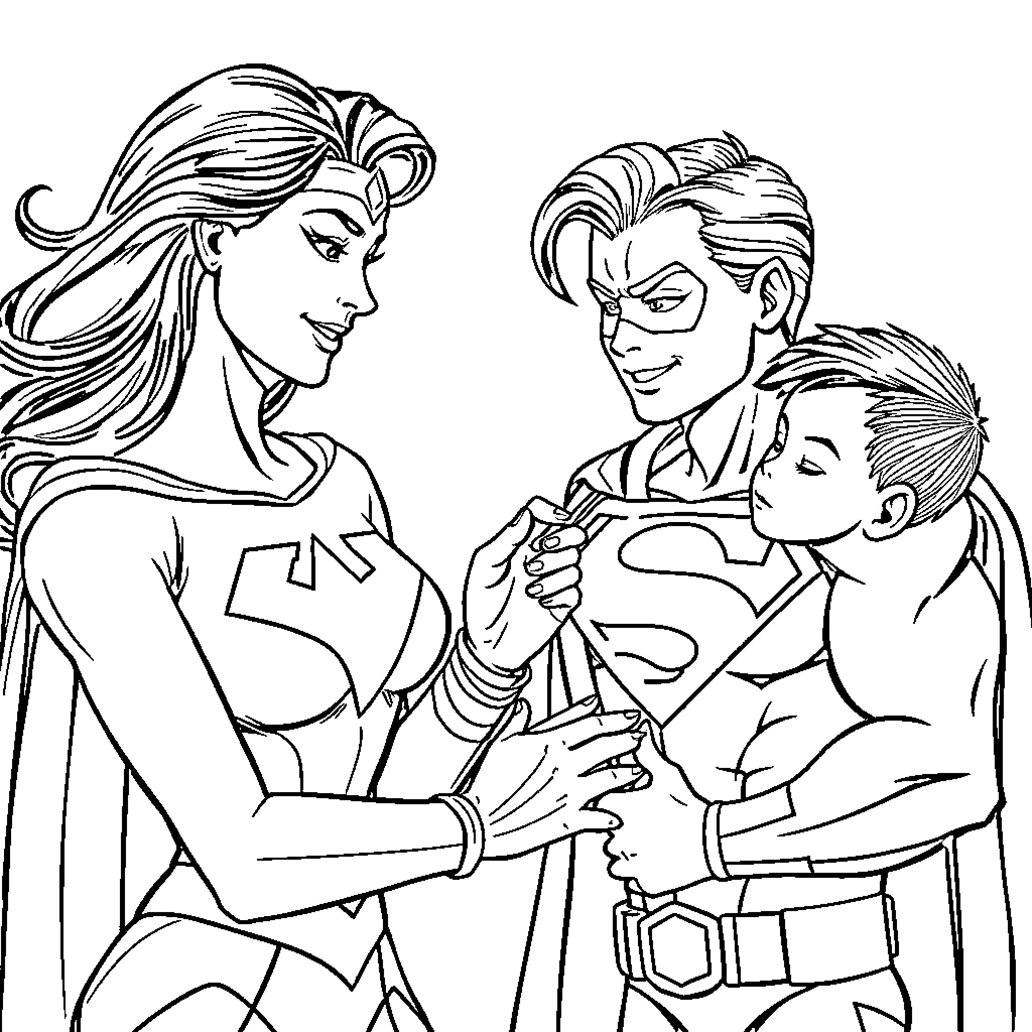 Superwoman Protects Her Family Coloring Page (free black-and-white line drawing printable PDF for all, from beginners to advanced learners, including children, teens, adults, and seniors)
