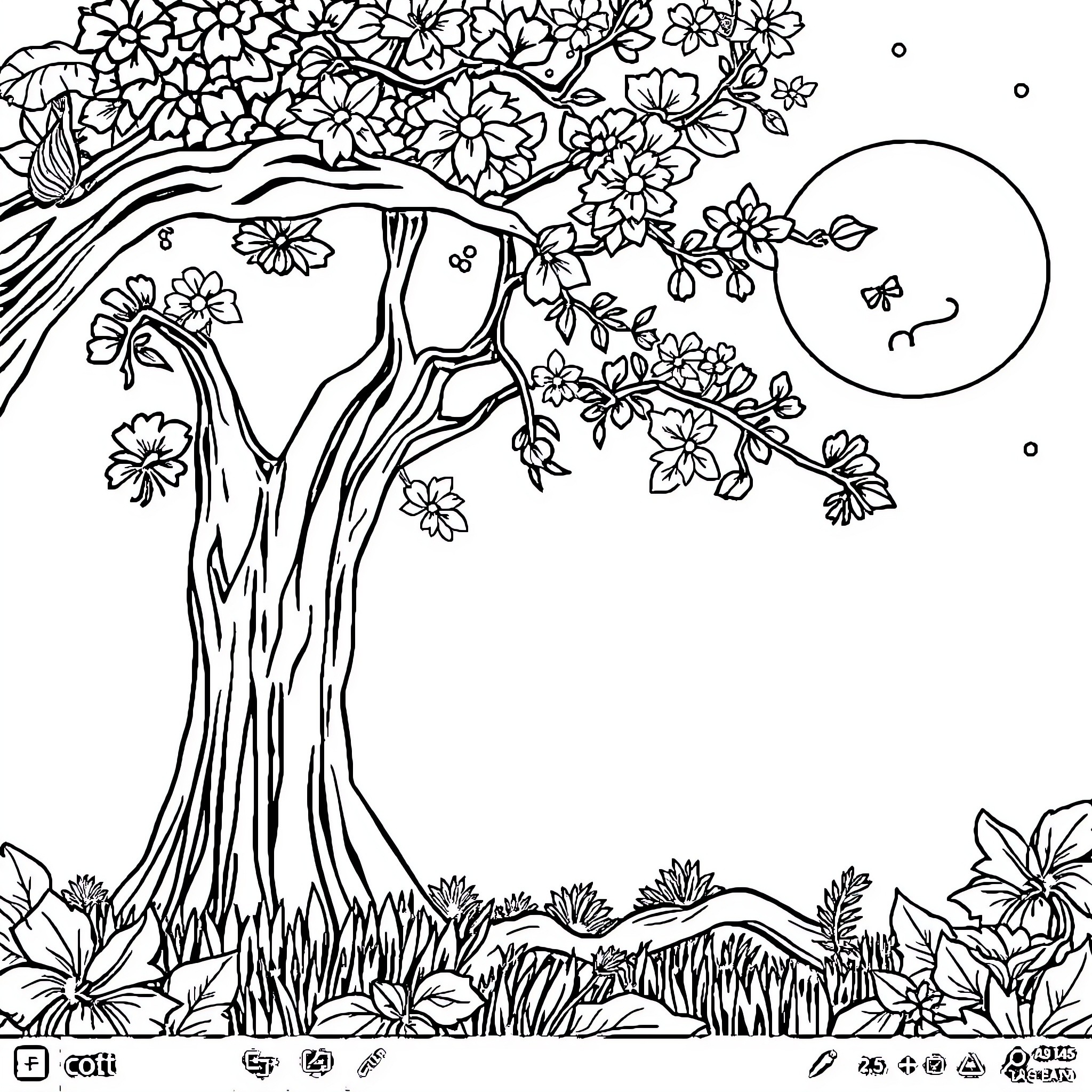 Image of a Blossoming Tree in a Serene Landscape Coloring Page (free black-and-white line drawing printable PDF for all, from beginners to advanced learners, including children, teens, adults, and seniors)