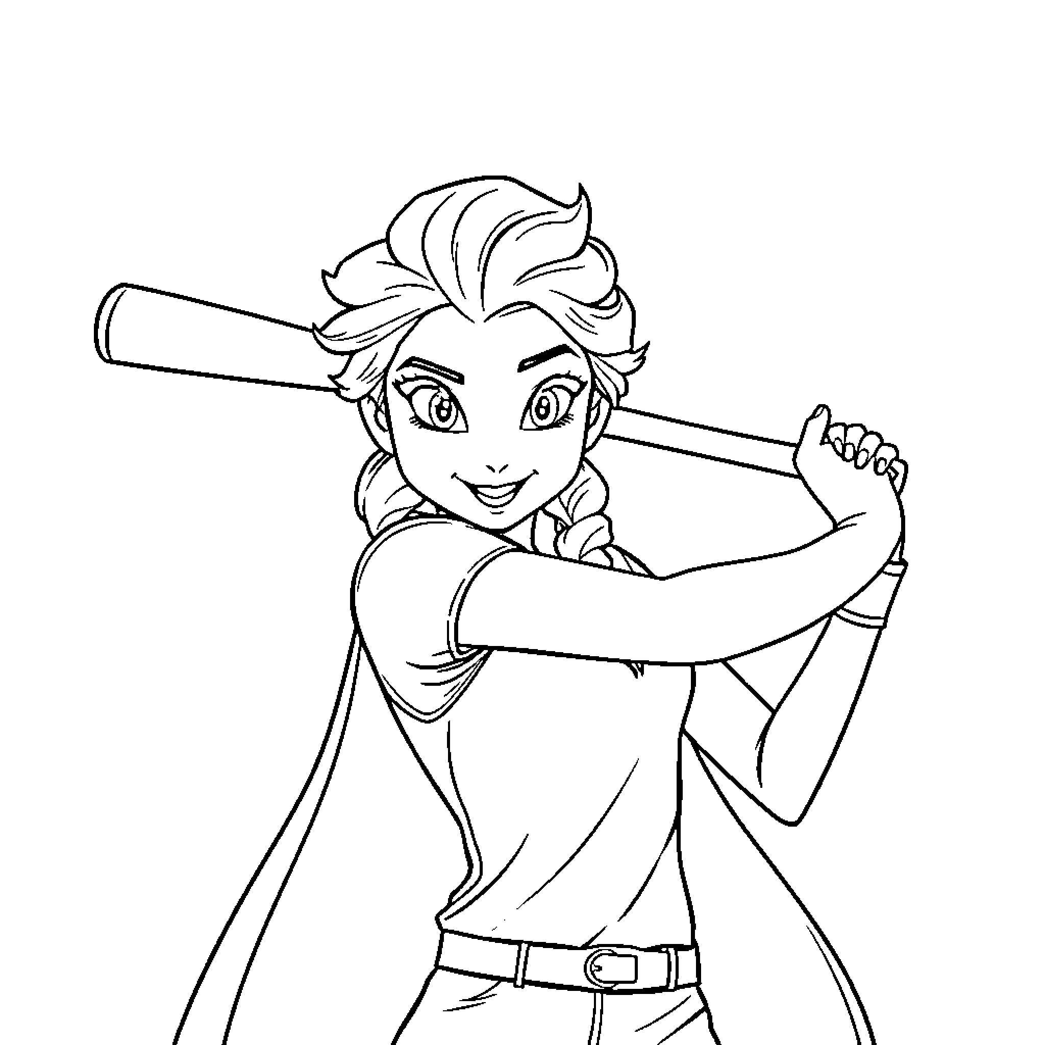 Elsa playing baseball with a smile Coloring Page (free black-and-white line drawing printable PDF for all, from beginners to advanced learners, including children, teens, adults, and seniors)