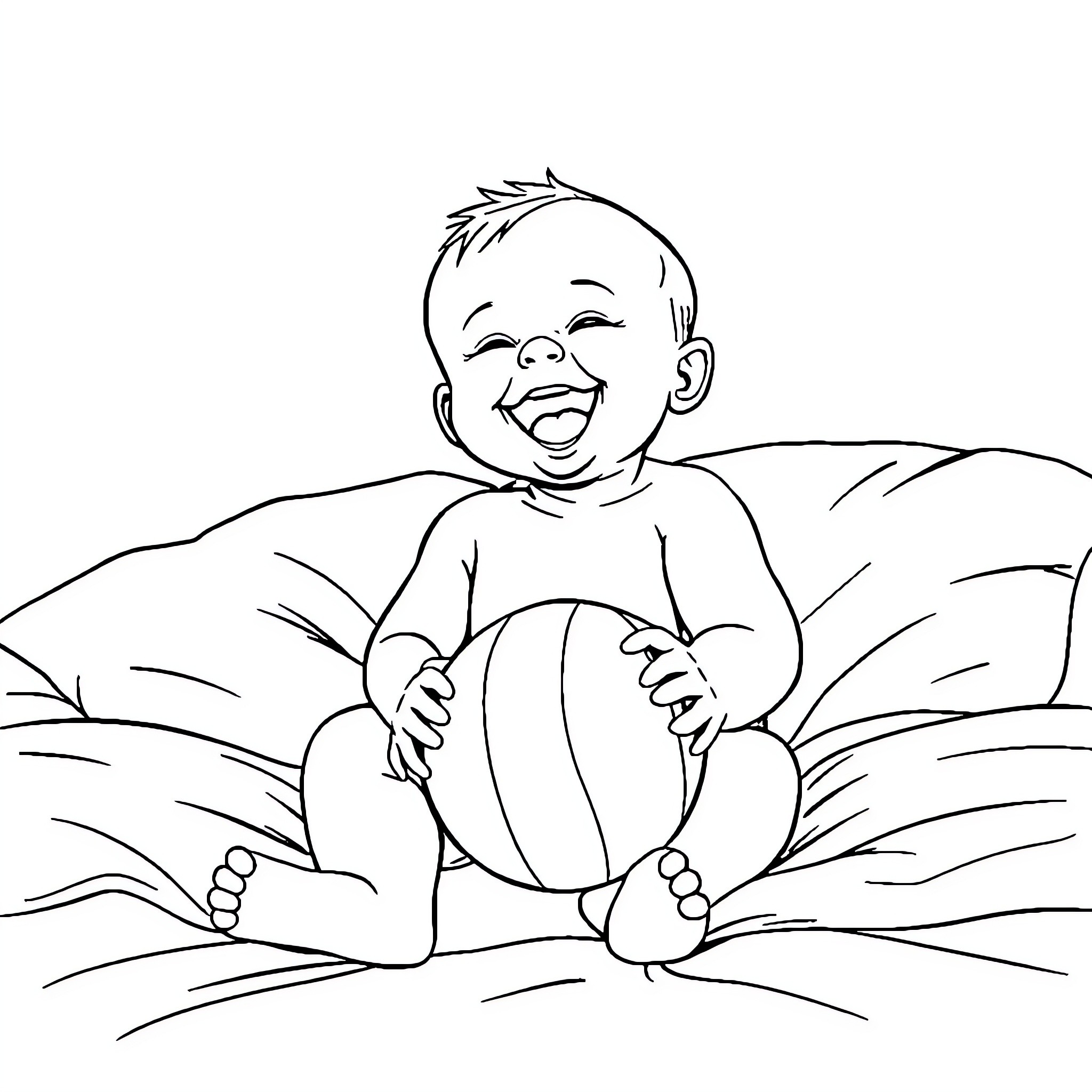 Baby happily playing with a ball Coloring Page (free black-and-white line drawing printable PDF for all, from beginners to advanced learners, including children, teens, adults, and seniors)