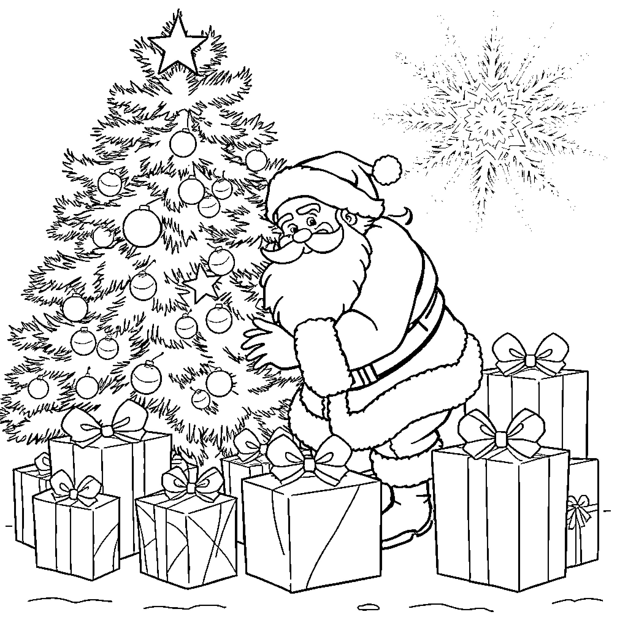 Santa Claus decorating Christmas tree with gifts Coloring Page (free black-and-white line drawing printable PDF for all, from beginners to advanced learners, including children, teens, adults, and seniors)