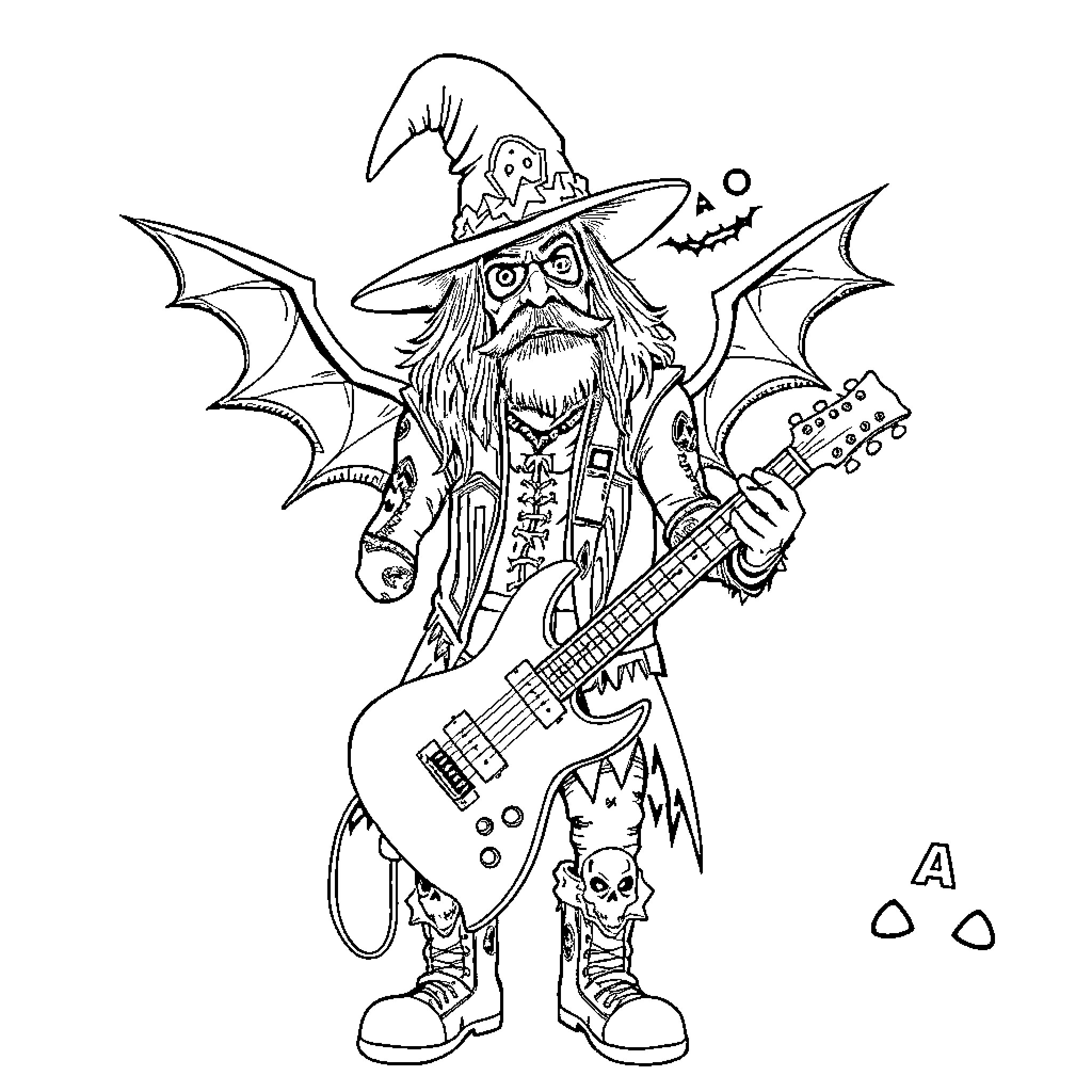 Dimebag Darrell as a Spooky Musician with a Guitar Coloring Page (free black-and-white line drawing printable PDF for all, from beginners to advanced learners, including children, teens, adults, and seniors)