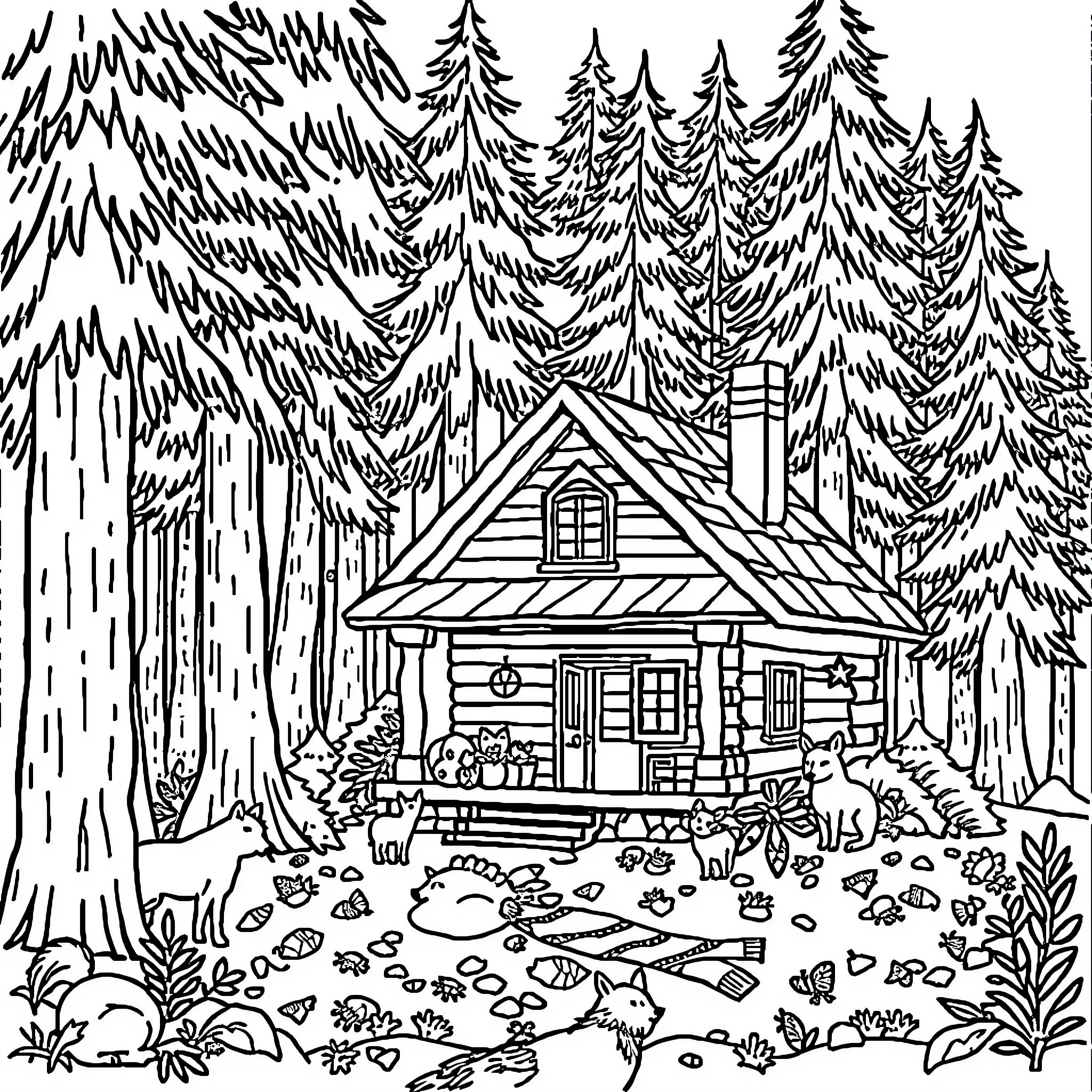 Cabin in a Serene Forest Landscape Coloring Page (free black-and-white line drawing printable PDF for all, from beginners to advanced learners, including children, teens, adults, and seniors)