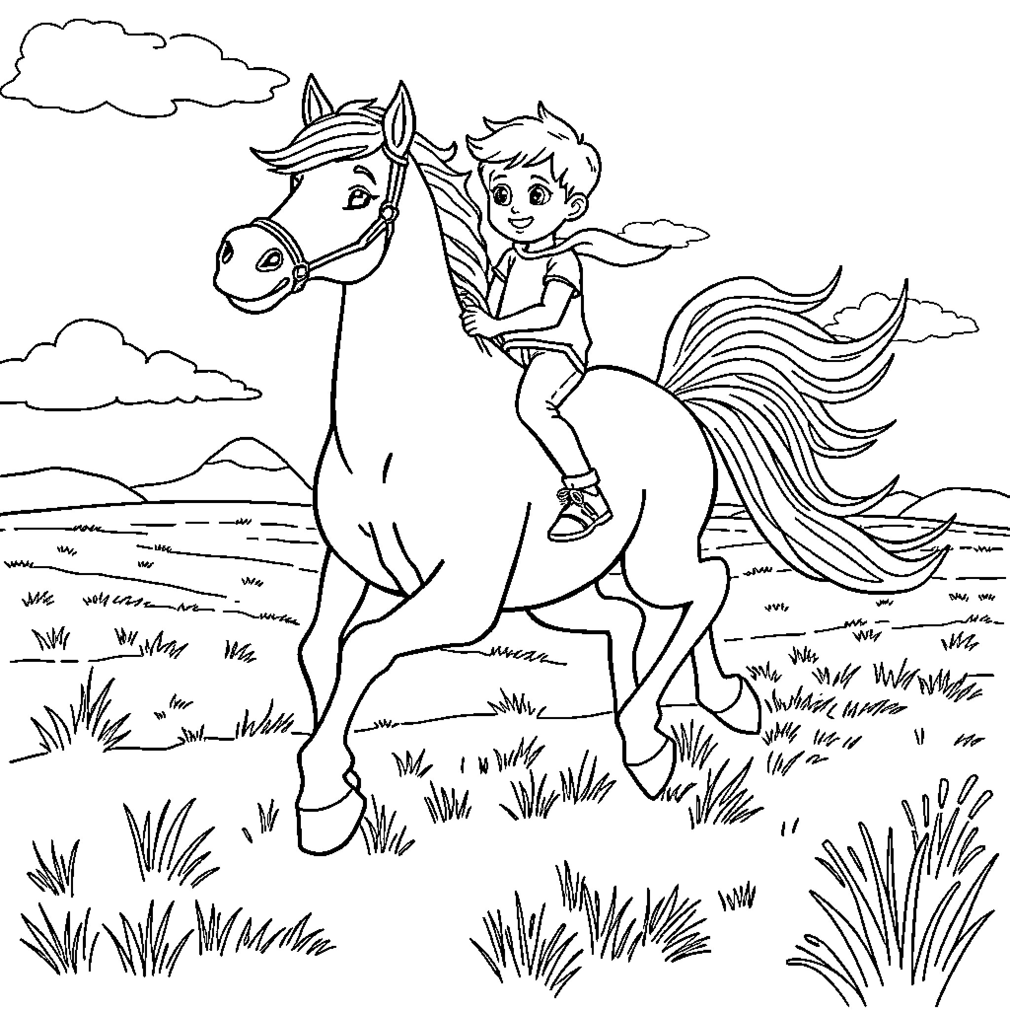 Horse and child riding happily in the meadow Coloring Page (free black-and-white line drawing printable PDF for all, from beginners to advanced learners, including children, teens, adults, and seniors)
