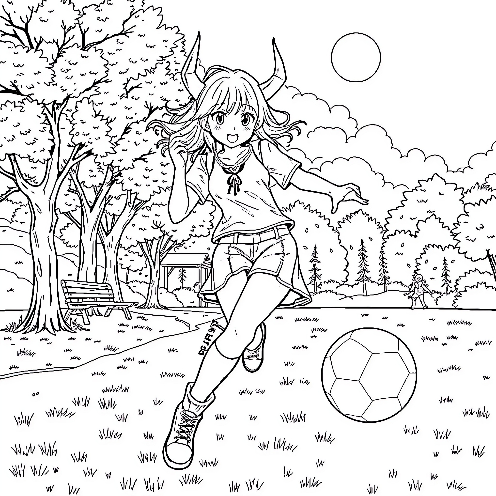 Remi playing joyfully in the enchanting forest Coloring Page (free black-and-white line drawing printable PDF for all, from beginners to advanced learners, including children, teens, adults, and seniors)