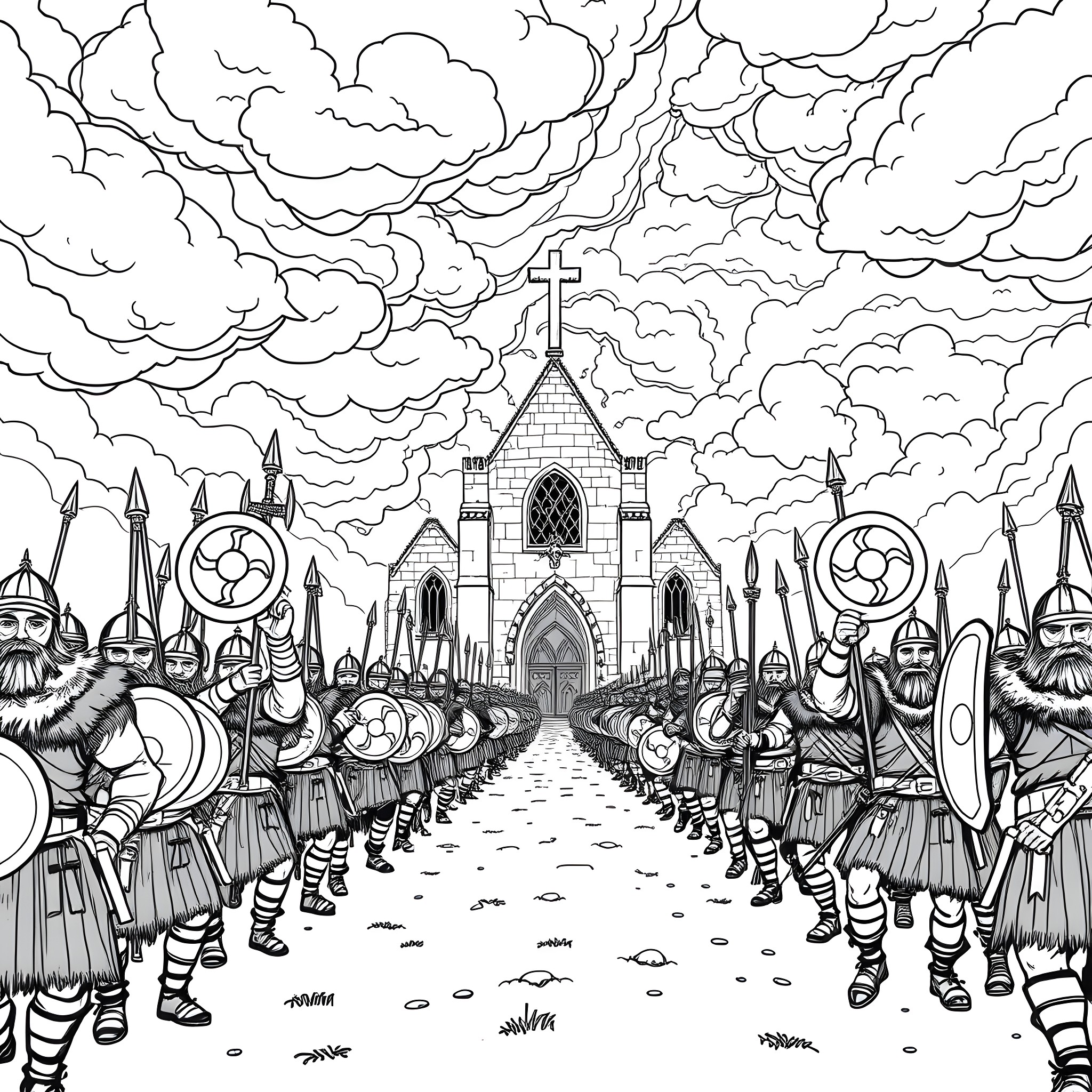 Viking army marching towards a grand cathedral Coloring Page (free black-and-white line drawing printable PDF for all, from beginners to advanced learners, including children, teens, adults, and seniors)