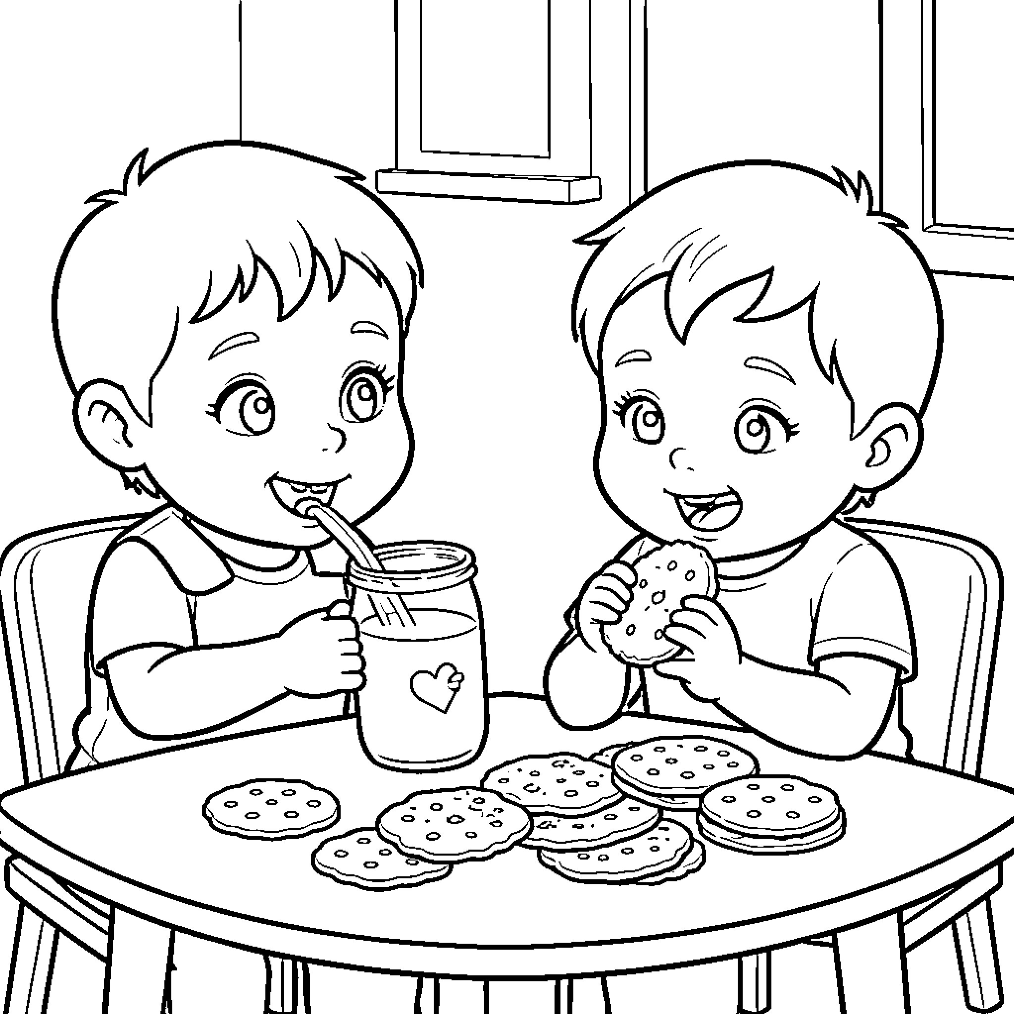 Cuy children enjoying a snack together Coloring Page (free black-and-white line drawing printable PDF for all, from beginners to advanced learners, including children, teens, adults, and seniors)