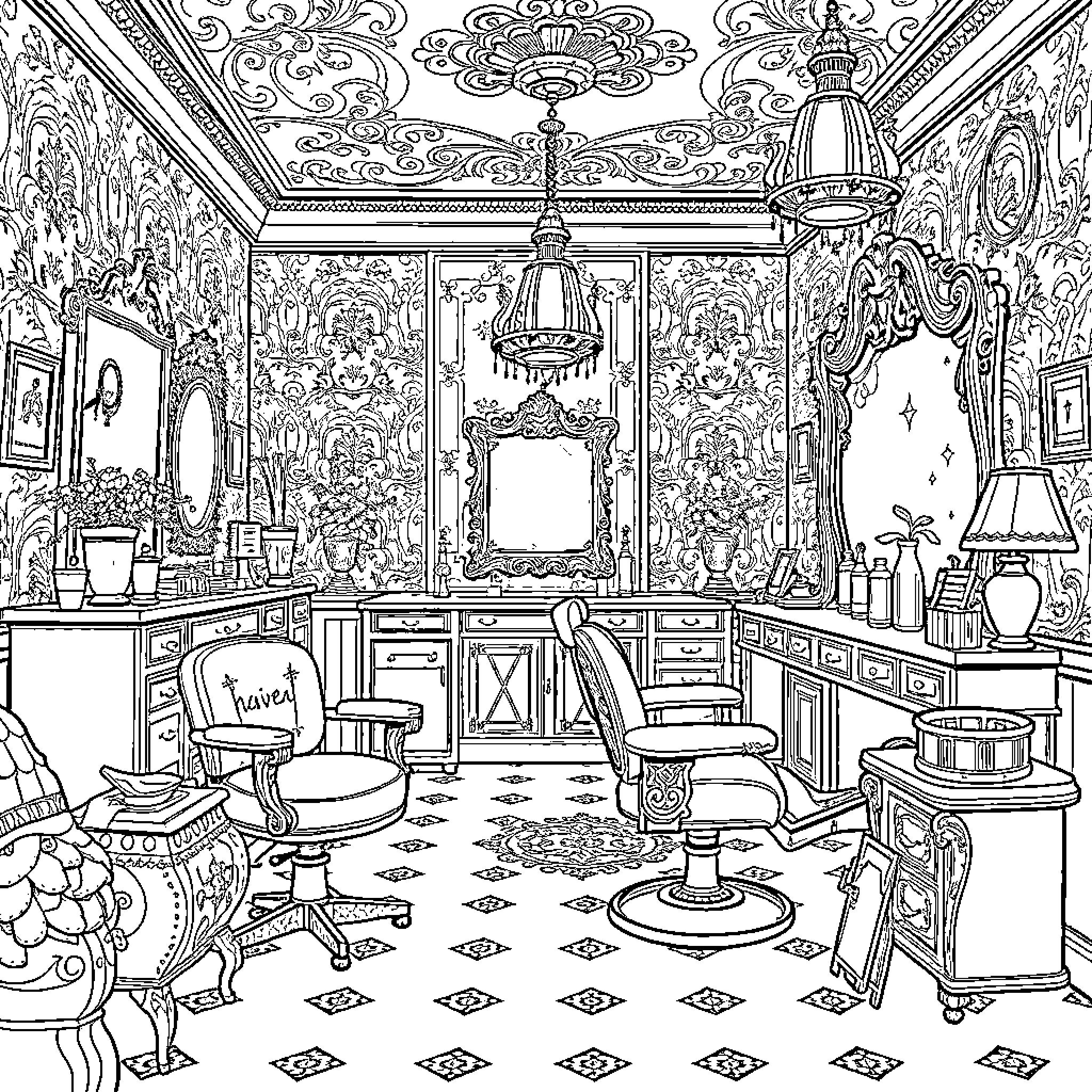 Hair Salon with Elegant Decor and Furnishings Coloring Page (free black-and-white line drawing printable PDF for all, from beginners to advanced learners, including children, teens, adults, and seniors)
