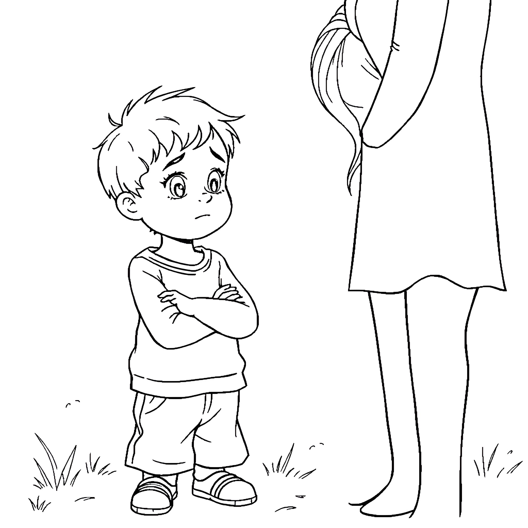 Child standing with crossed arms near adult Coloring Page (free black-and-white line drawing printable PDF for all, from beginners to advanced learners, including children, teens, adults, and seniors)