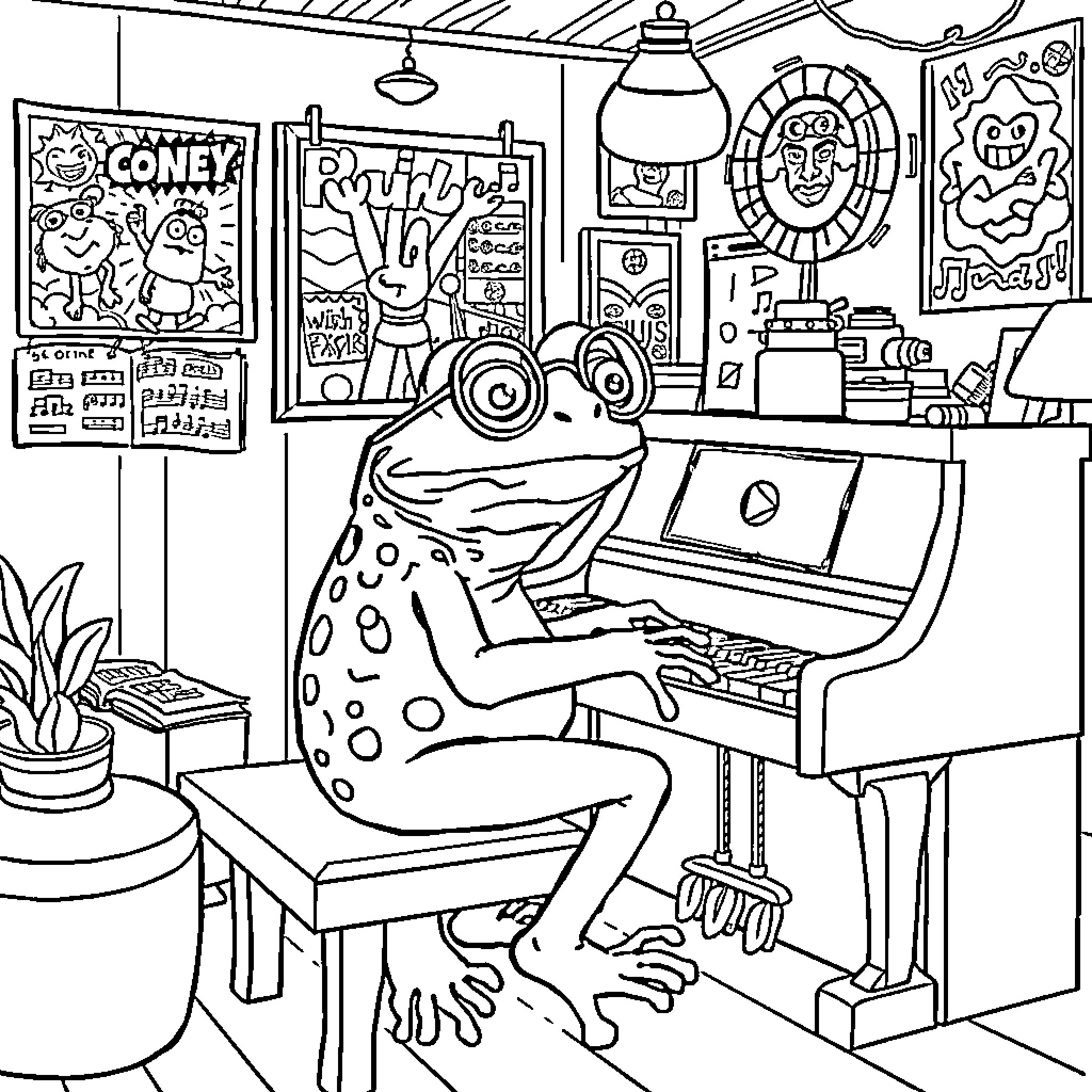 Toad playing piano in a colorful room Coloring Page (free black-and-white line drawing printable PDF for all, from beginners to advanced learners, including children, teens, adults, and seniors)