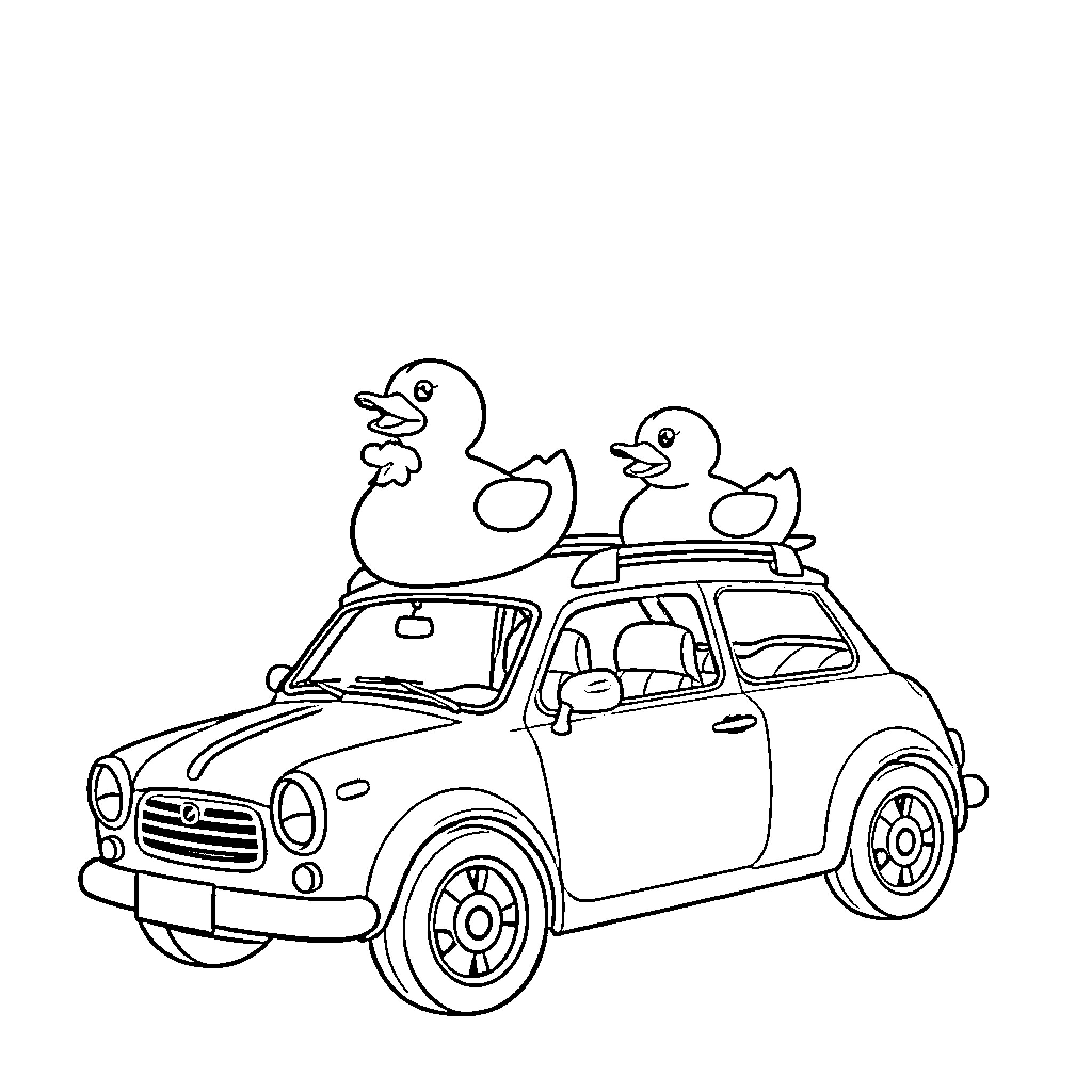 Rubber Ducks riding a small car Coloring Page (free black-and-white line drawing printable PDF for all, from beginners to advanced learners, including children, teens, adults, and seniors)