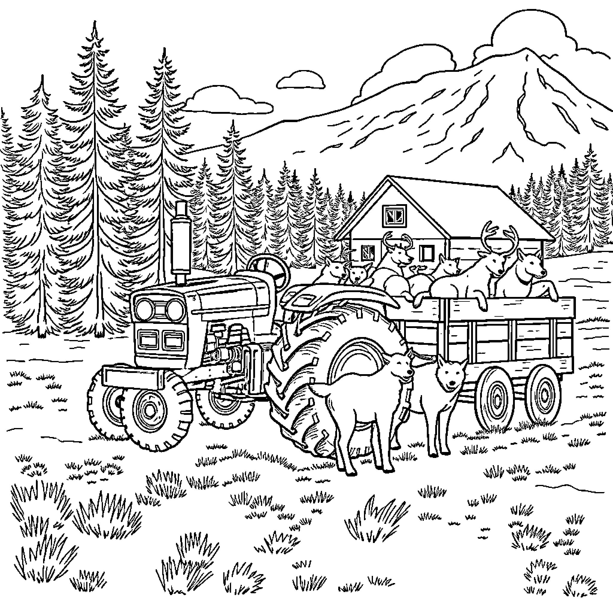 Tractor transporting animals through scenic countryside Coloring Page (free black-and-white line drawing printable PDF for all, from beginners to advanced learners, including children, teens, adults, and seniors)