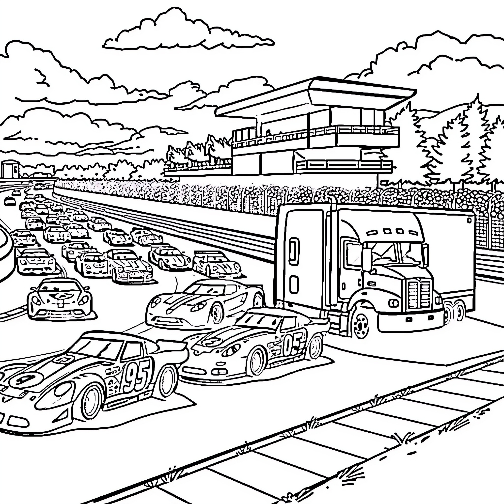 Car Hauler Transporting Racing Cars on the Highway Coloring Page (free black-and-white line drawing printable PDF for all, from beginners to advanced learners, including children, teens, adults, and seniors)