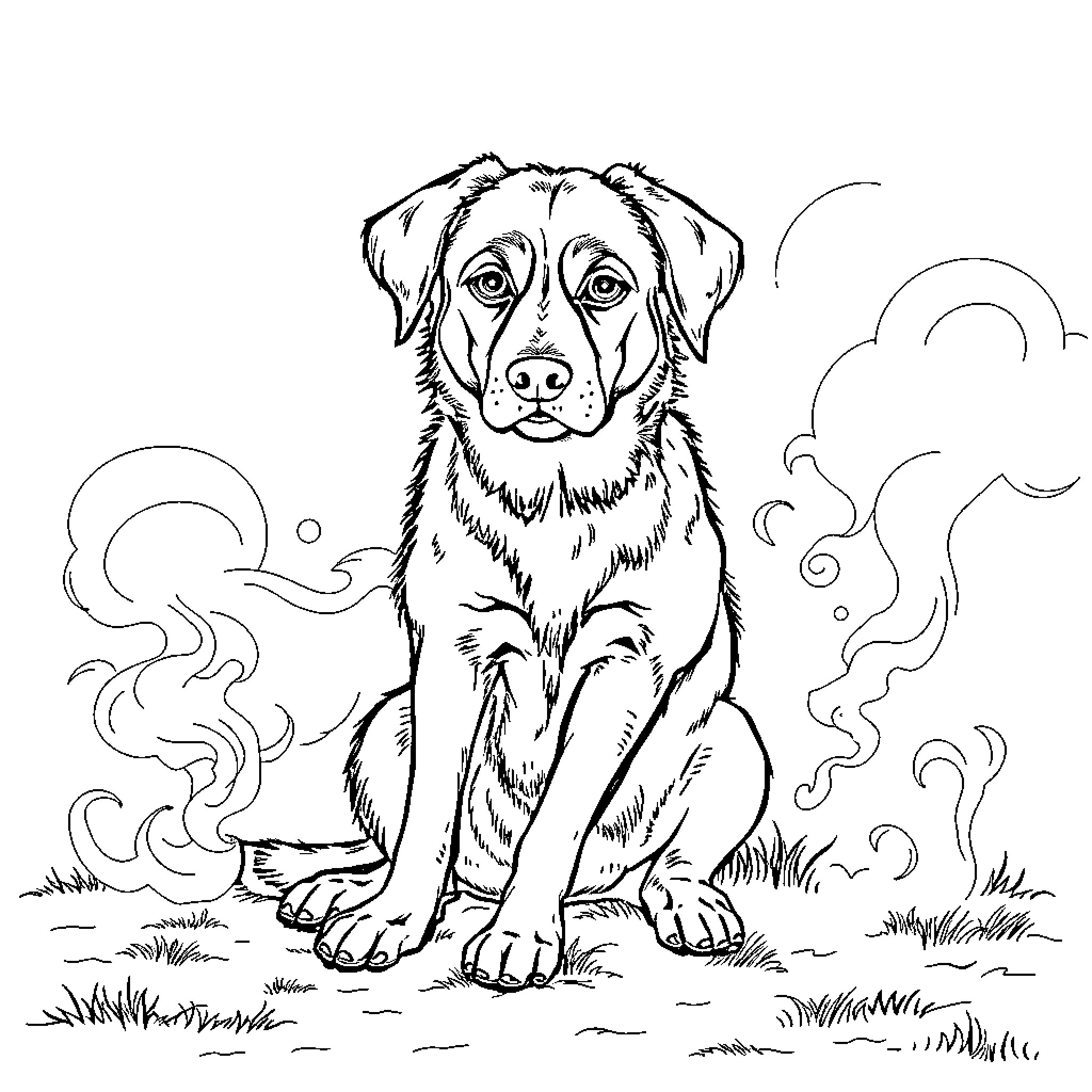 Dog sitting in the meadow with wind Coloring Page (free black-and-white line drawing printable PDF for all, from beginners to advanced learners, including children, teens, adults, and seniors)