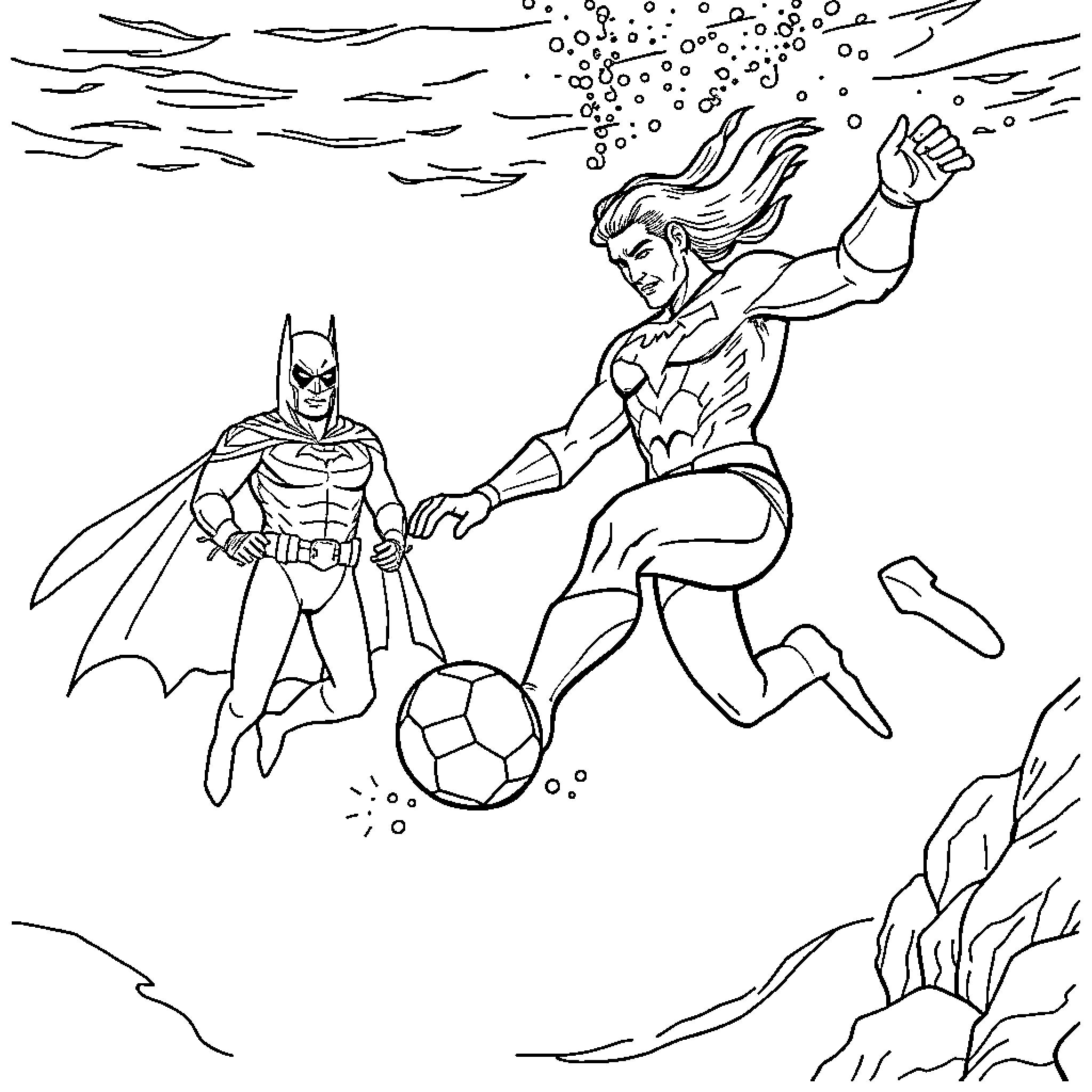 Aquaman and Wonder Woman playing soccer underwater Coloring Page (free black-and-white line drawing printable PDF for all, from beginners to advanced learners, including children, teens, adults, and seniors)
