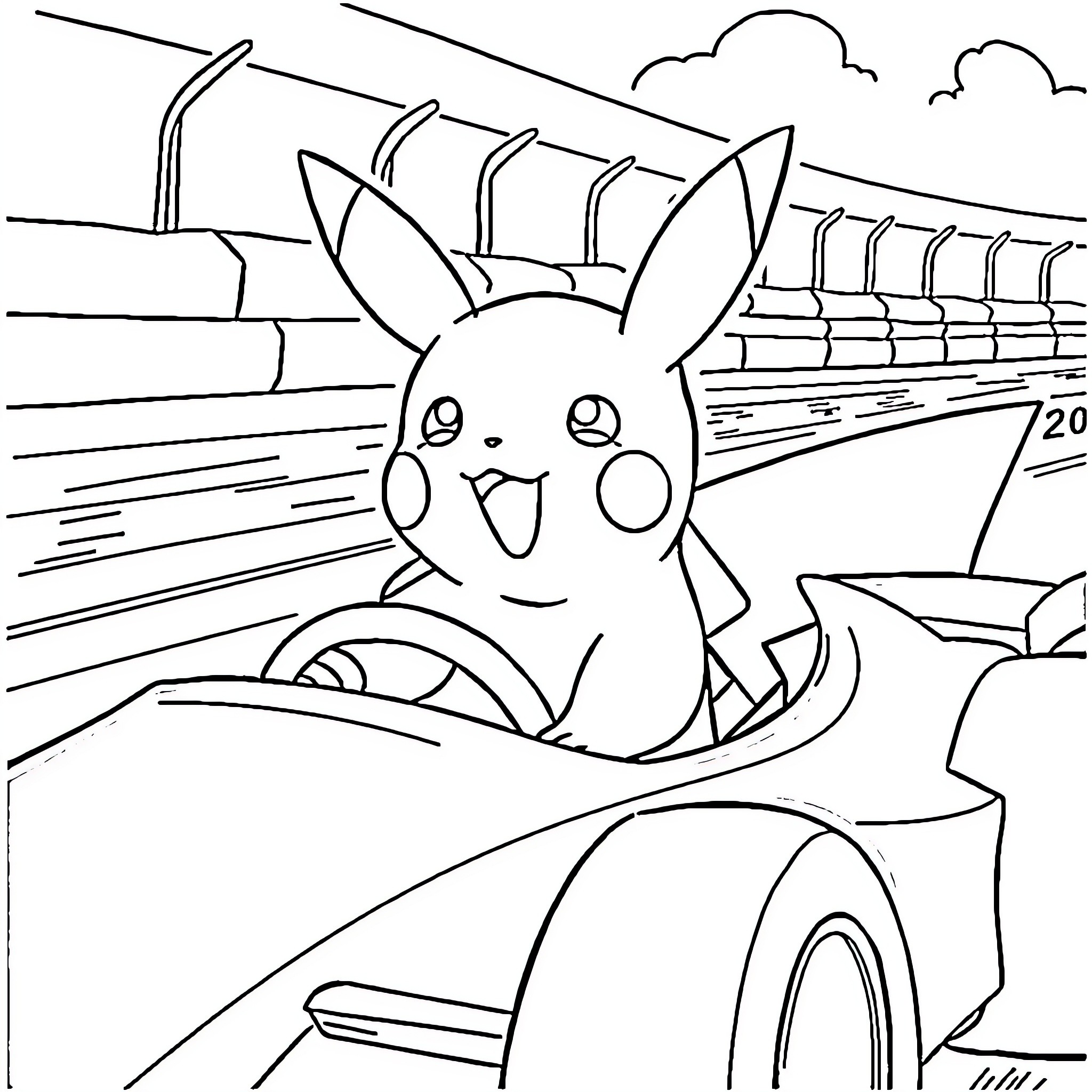 Pikachu driving a car on the racetrack Coloring Page (free black-and-white line drawing printable PDF for all, from beginners to advanced learners, including children, teens, adults, and seniors)