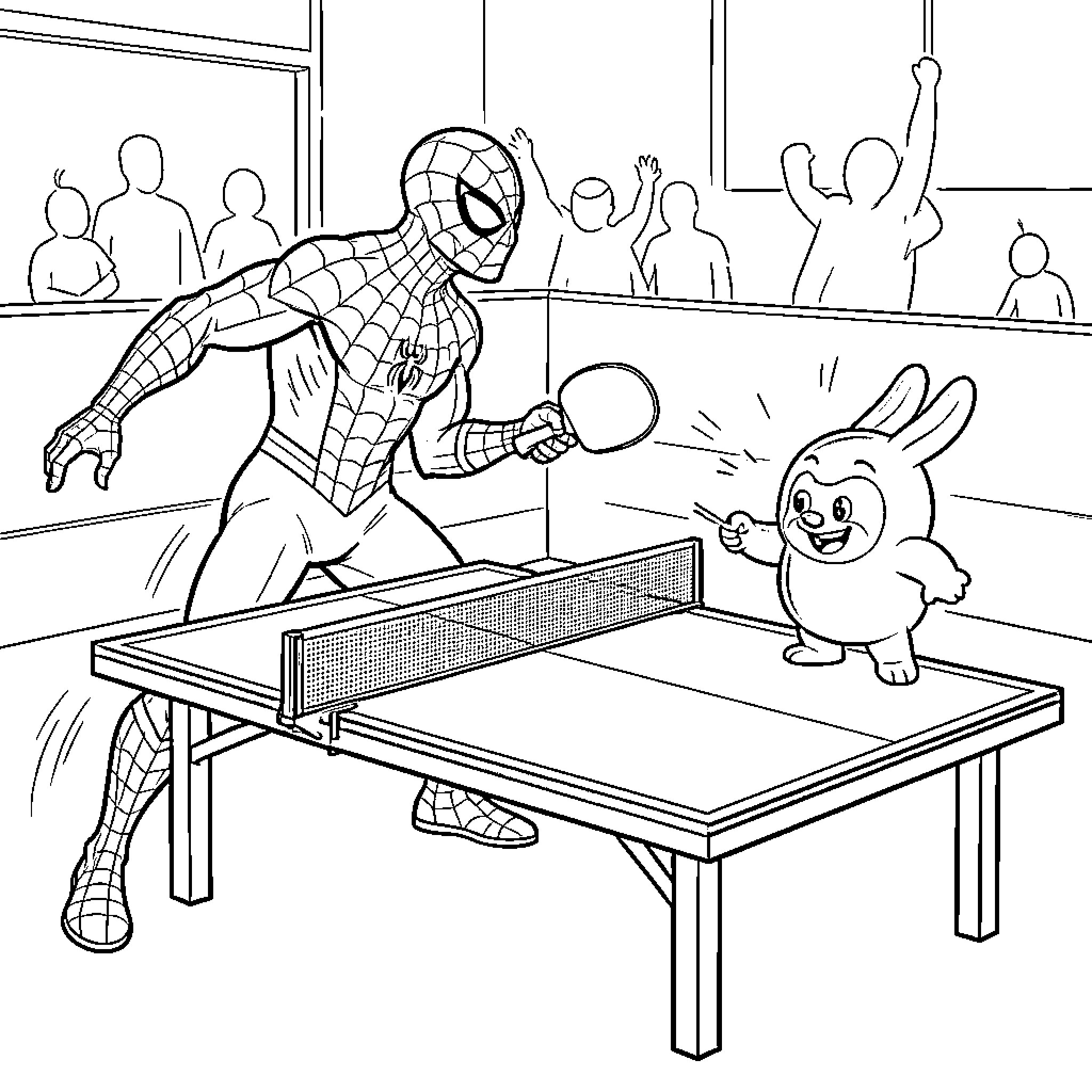 Spiderman playing a competitive game of table tennis Coloring Page (free black-and-white line drawing printable PDF for all, from beginners to advanced learners, including children, teens, adults, and seniors)