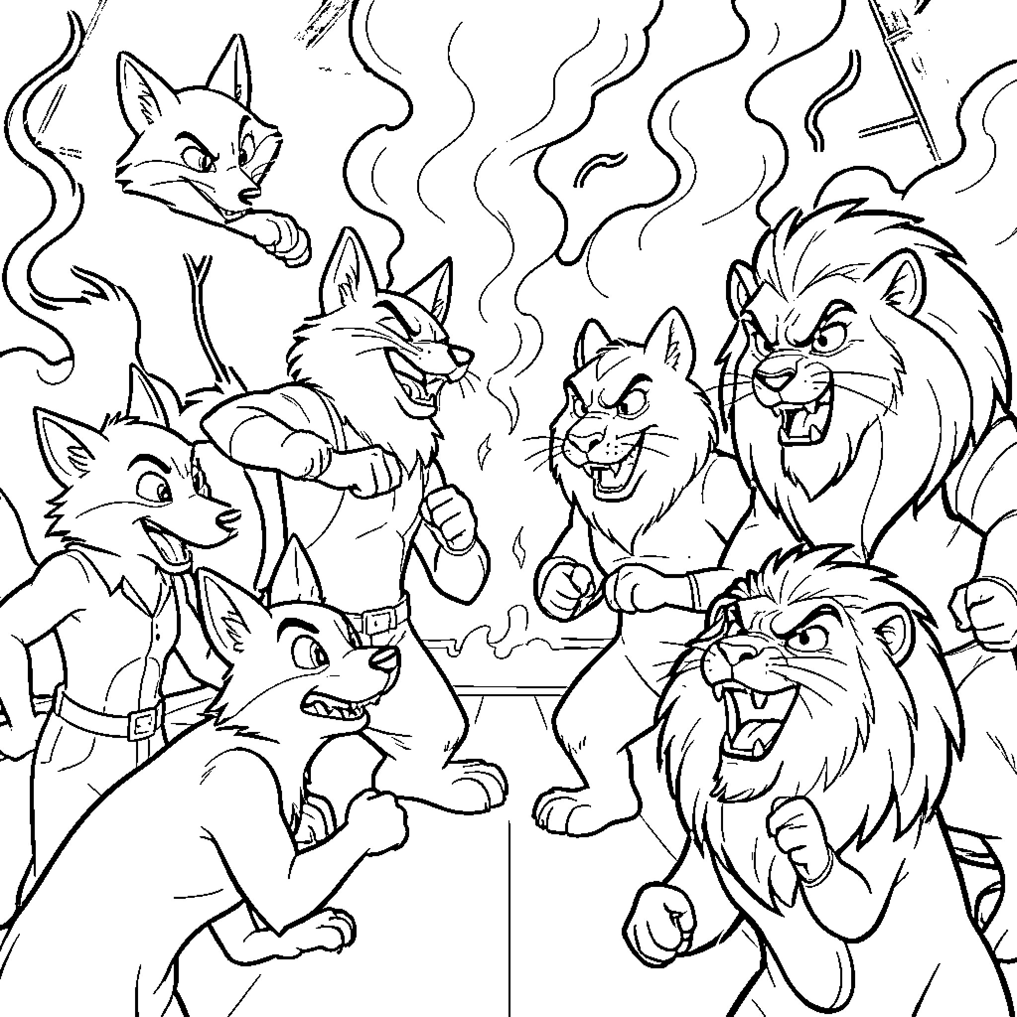 Disney Animals Enjoying a Lively Gathering Coloring Page (free black-and-white line drawing printable PDF for all, from beginners to advanced learners, including children, teens, adults, and seniors)