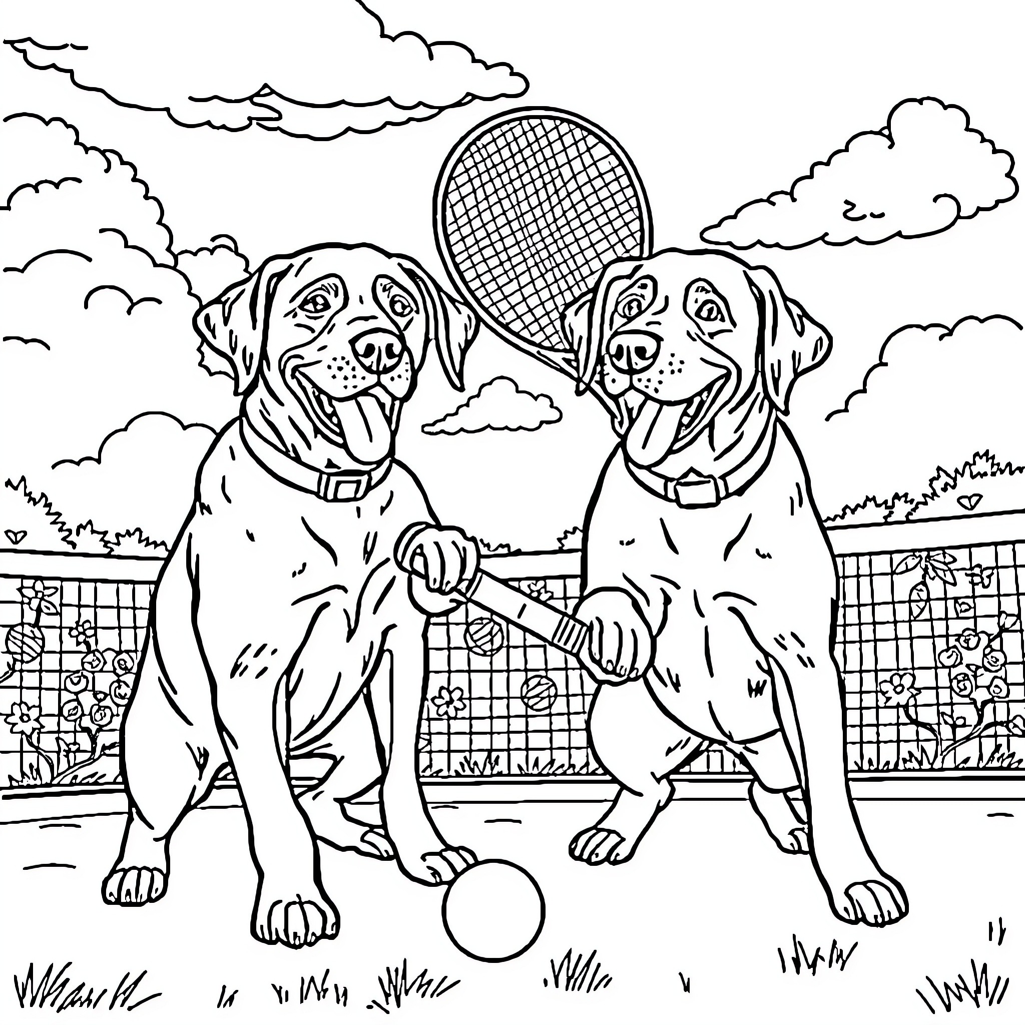 Labubu Dogs Playing Tennis on the Court Coloring Page (free black-and-white line drawing printable PDF for all, from beginners to advanced learners, including children, teens, adults, and seniors)