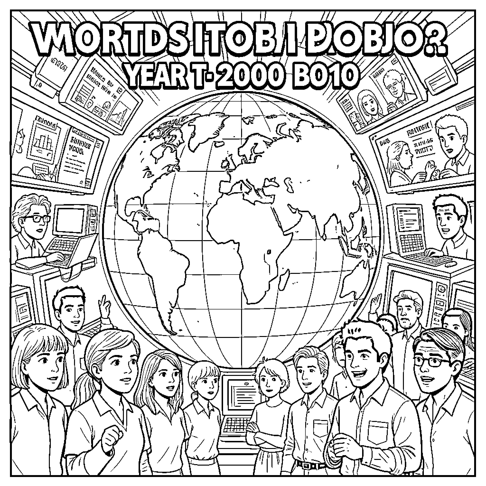Y2K era people celebrating around a large globe Coloring Page (free black-and-white line drawing printable PDF for all, from beginners to advanced learners, including children, teens, adults, and seniors)