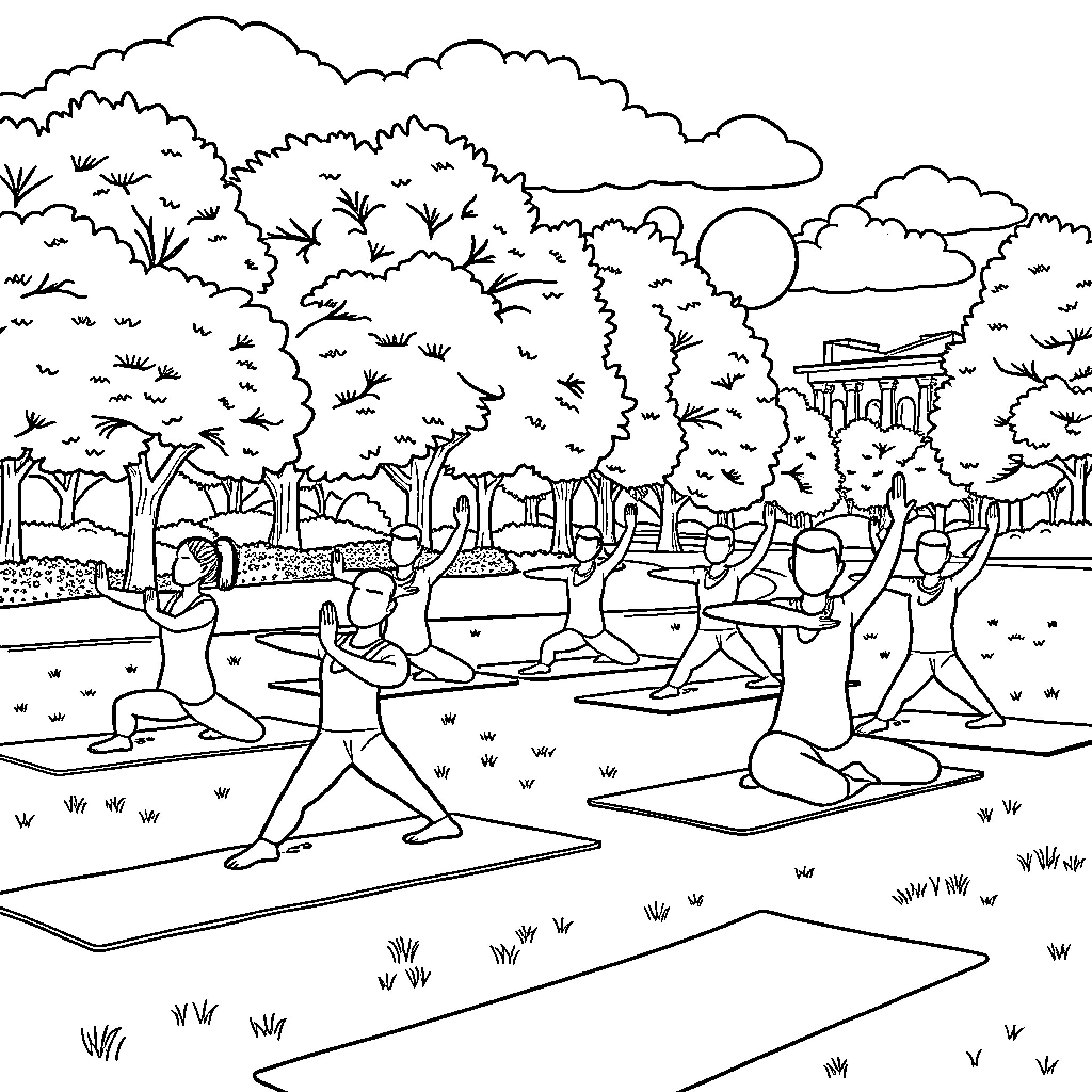 Ice Agents Performing Tai Chi in Nature Coloring Page (free black-and-white line drawing printable PDF for all, from beginners to advanced learners, including children, teens, adults, and seniors)