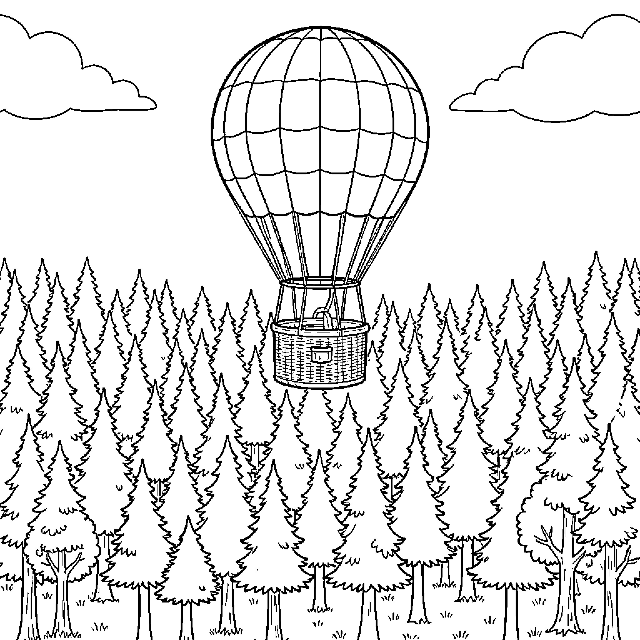 Hot Air Balloon floating above a dense pine forest Coloring Page (free black-and-white line drawing printable PDF for all, from beginners to advanced learners, including children, teens, adults, and seniors)