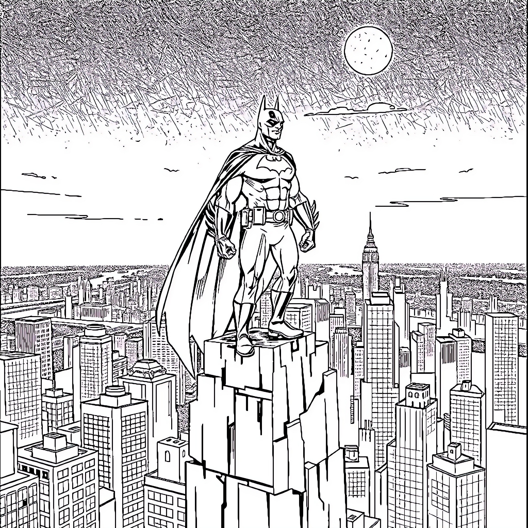Batman overlooking the city at night Coloring Page (free black-and-white line drawing printable PDF for all, from beginners to advanced learners, including children, teens, adults, and seniors)