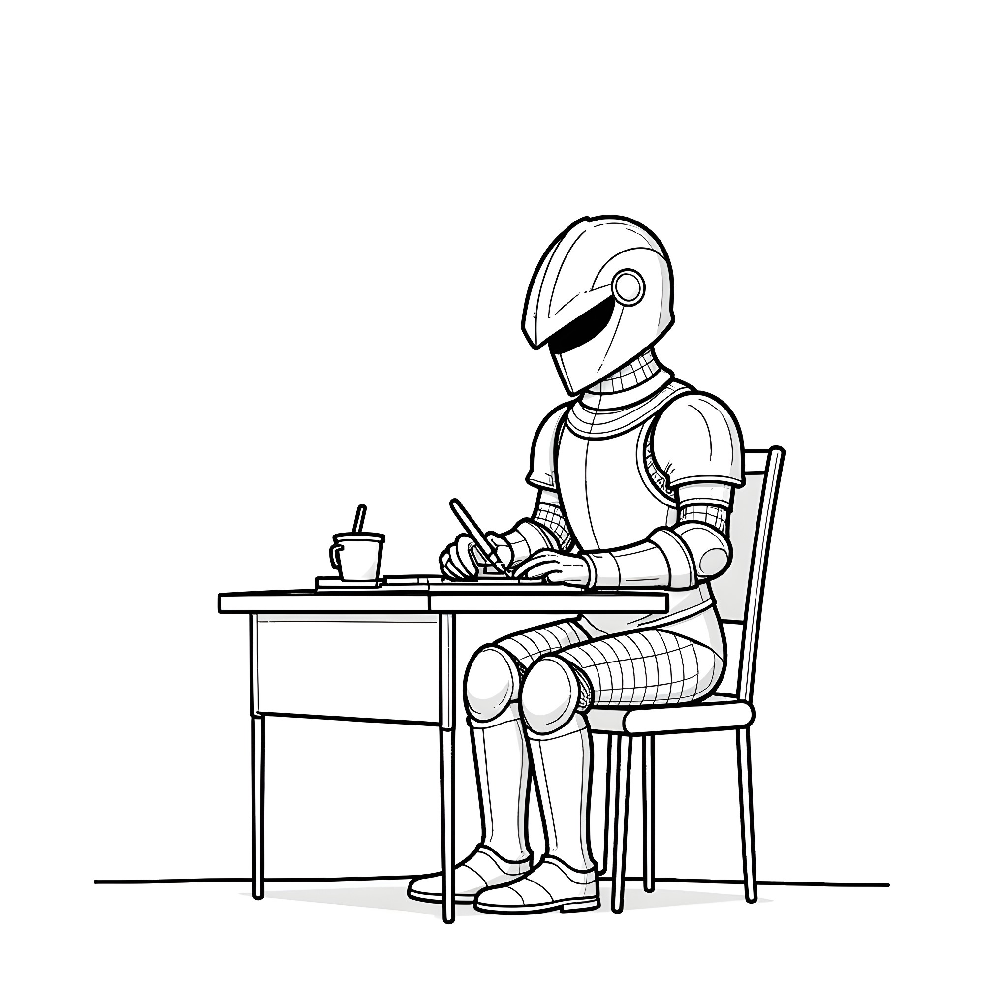 Knight robot writing at a desk Coloring Page (free black-and-white line drawing printable PDF for all, from beginners to advanced learners, including children, teens, adults, and seniors)