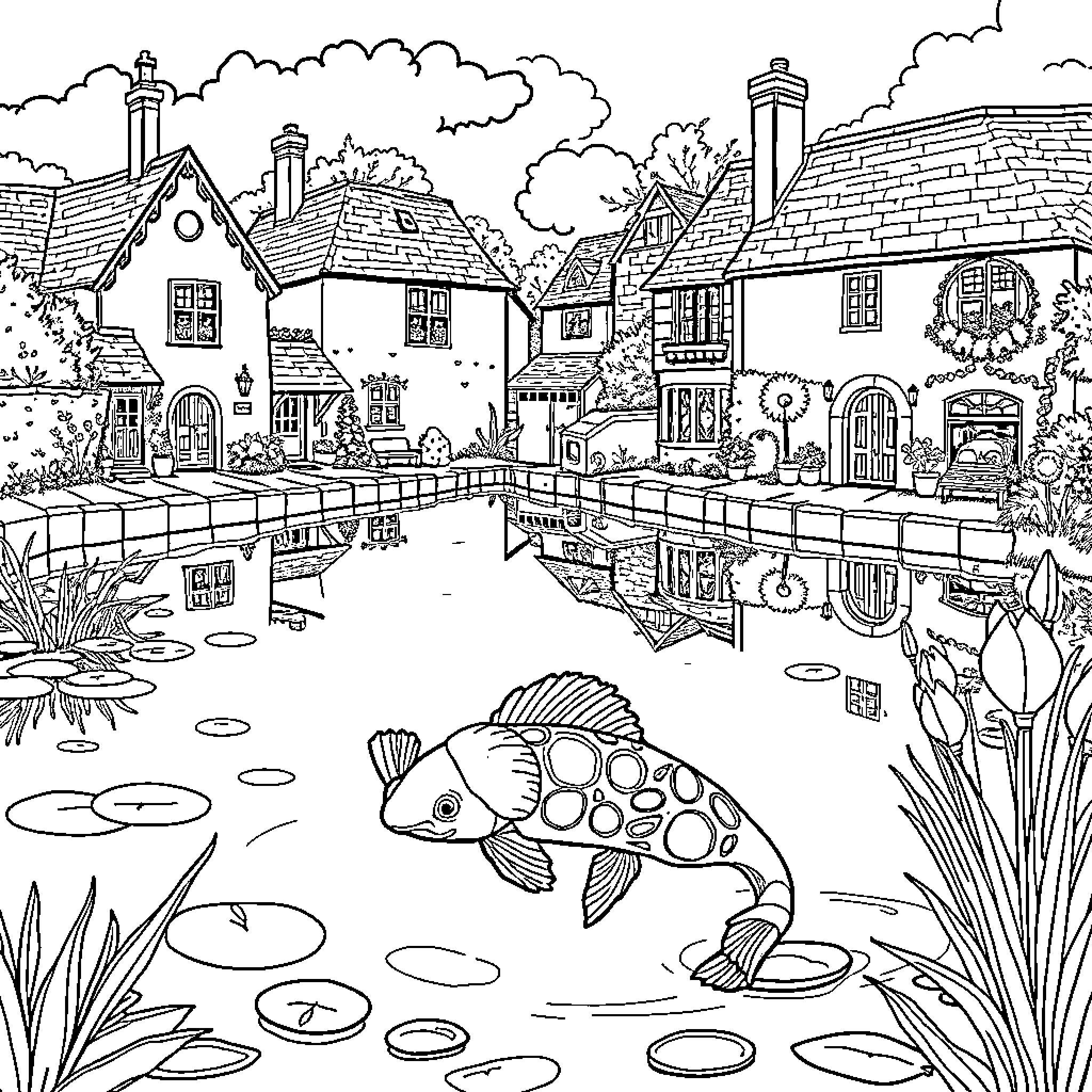 Axolotl exploring a quaint village pond Coloring Page (free black-and-white line drawing printable PDF for all, from beginners to advanced learners, including children, teens, adults, and seniors)
