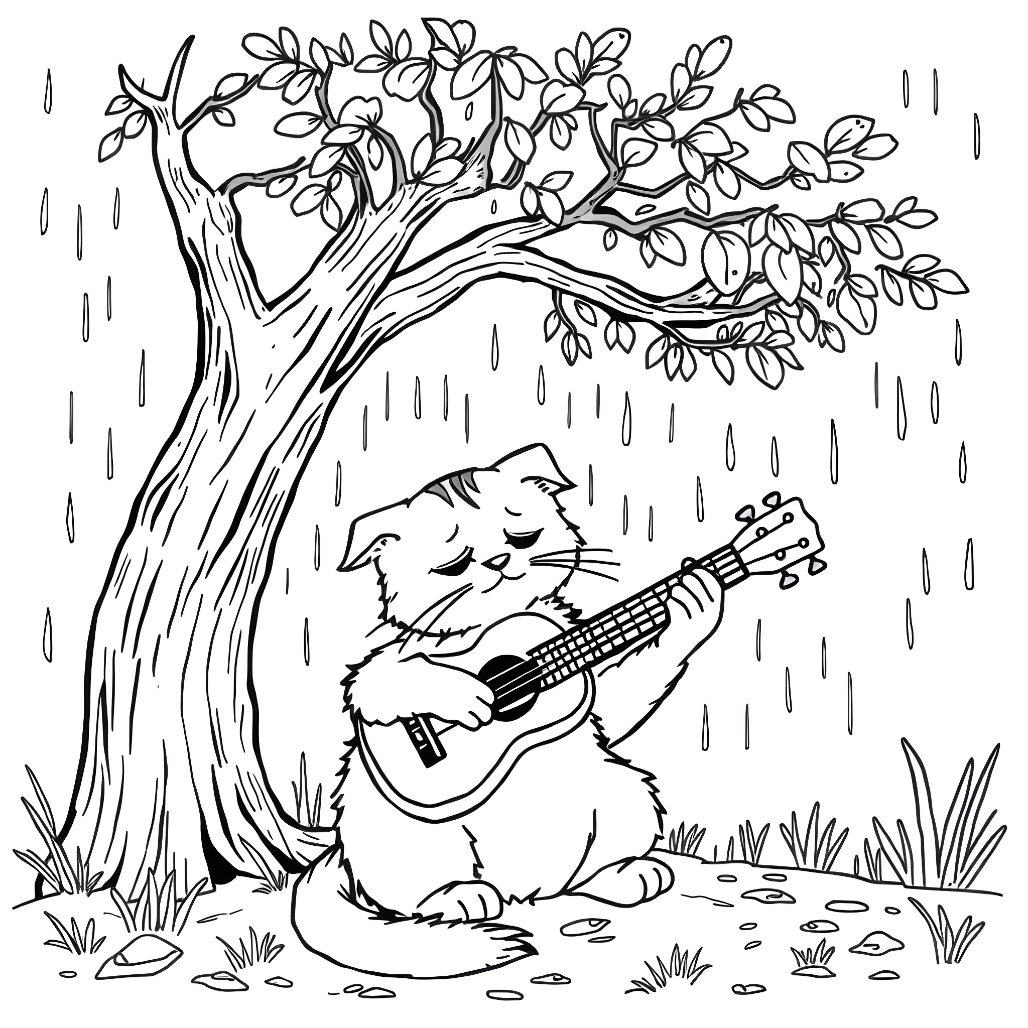 Cat playing guitar under rainy tree Coloring Page (free black-and-white line drawing printable PDF for all, from beginners to advanced learners, including children, teens, adults, and seniors)