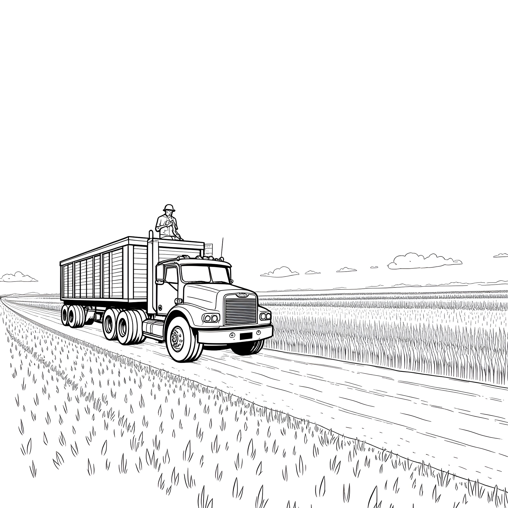 Truck transporting goods through rural landscape Coloring Page (free black-and-white line drawing printable PDF for all, from beginners to advanced learners, including children, teens, adults, and seniors)